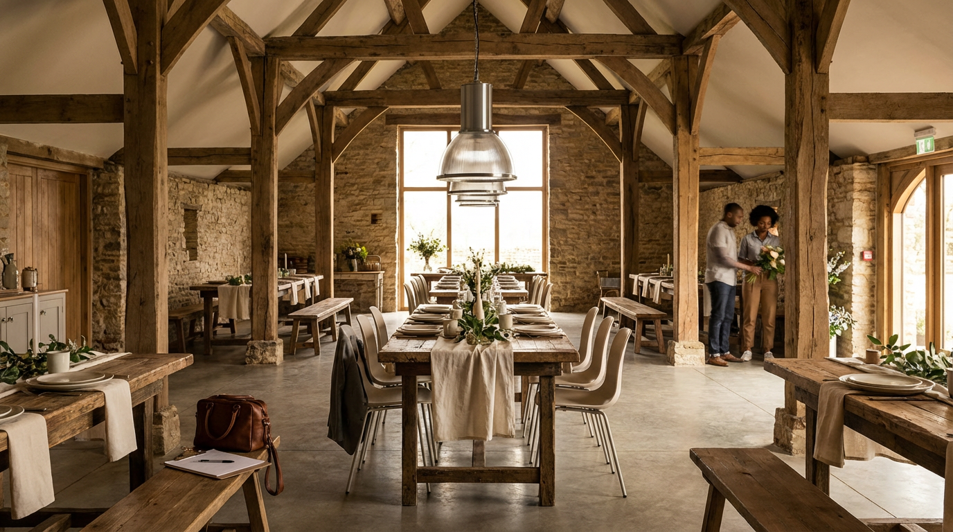 A rustic dining room with wooden beams, brick walls, and large windows. A long wooden table is decorated with green foliage and candles, set with plates, napkins, and utensils. Two people are standing near the doorway on the right, one holding a flower bouquet.