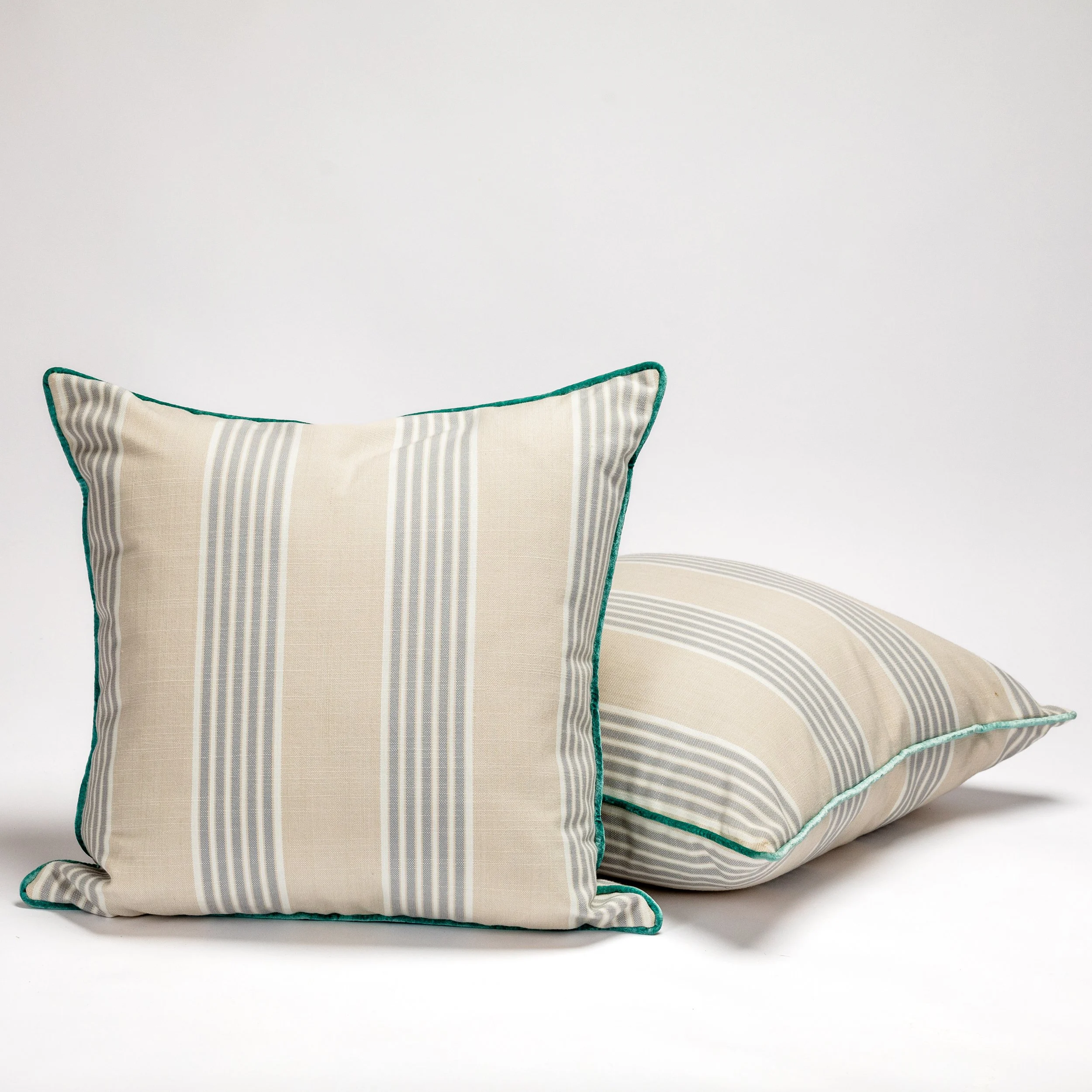 Beige, Turquoise and Gray Stripe Pillows - Pair