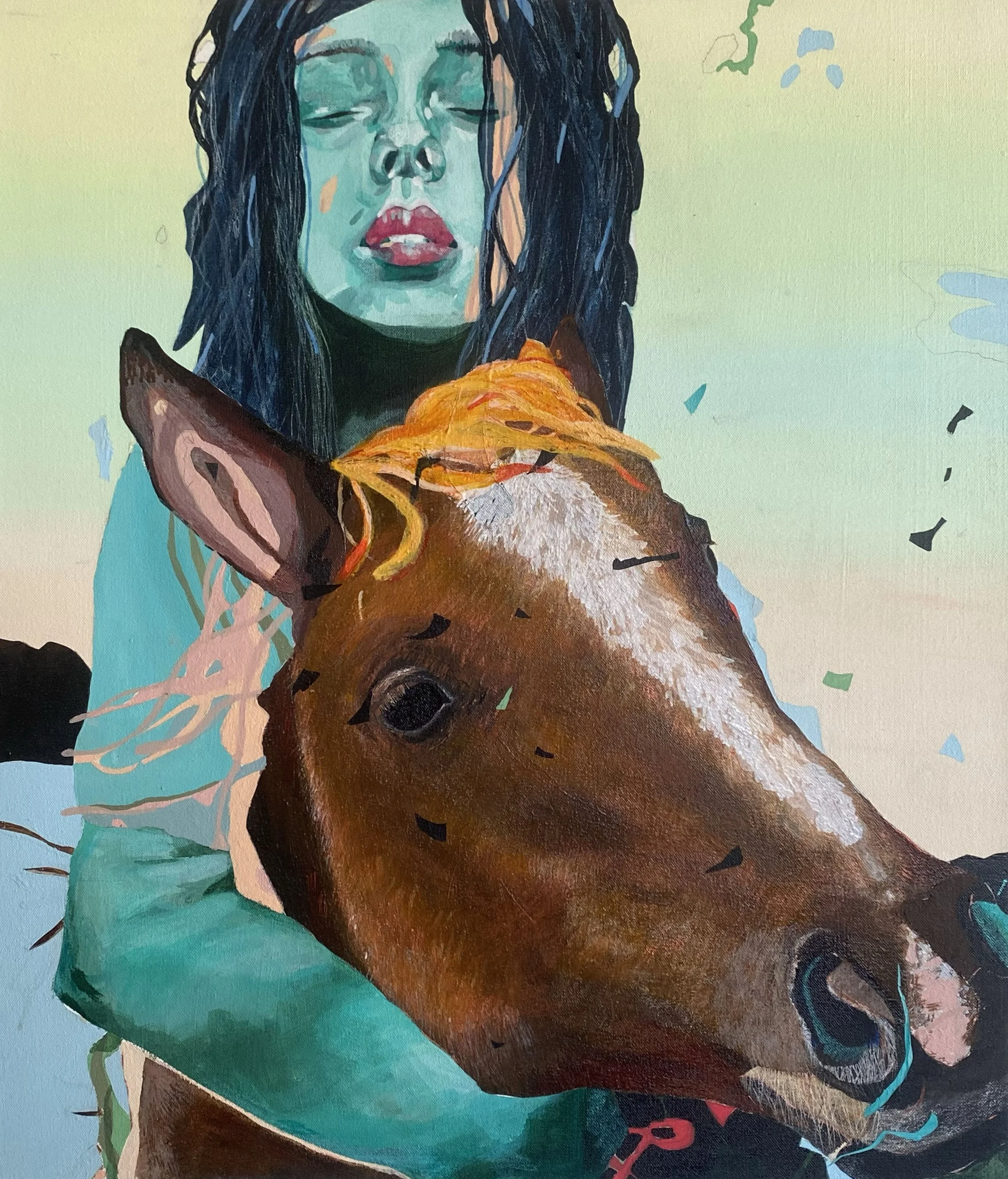A watercolor painting of a woman with long dark hair, eyes closed, with her face partially obscured by a brown horse she is holding, and a yellow flower near the horse's nose. The background is light with some abstract shapes.
