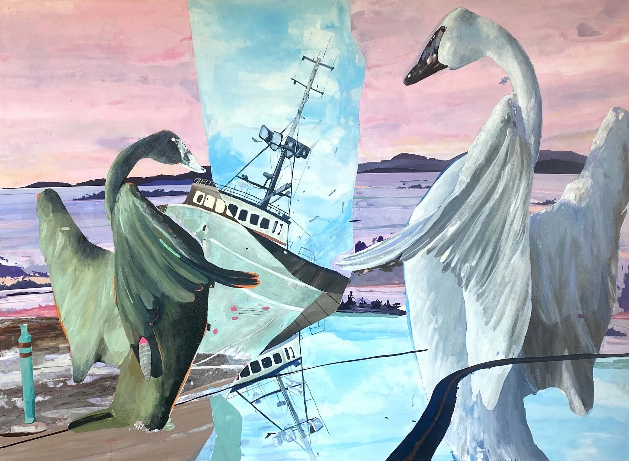 A surreal painting of a vintage ship's bow merging with two swans in a landscape. The background features a mountain range and a pink and blue sunset sky.