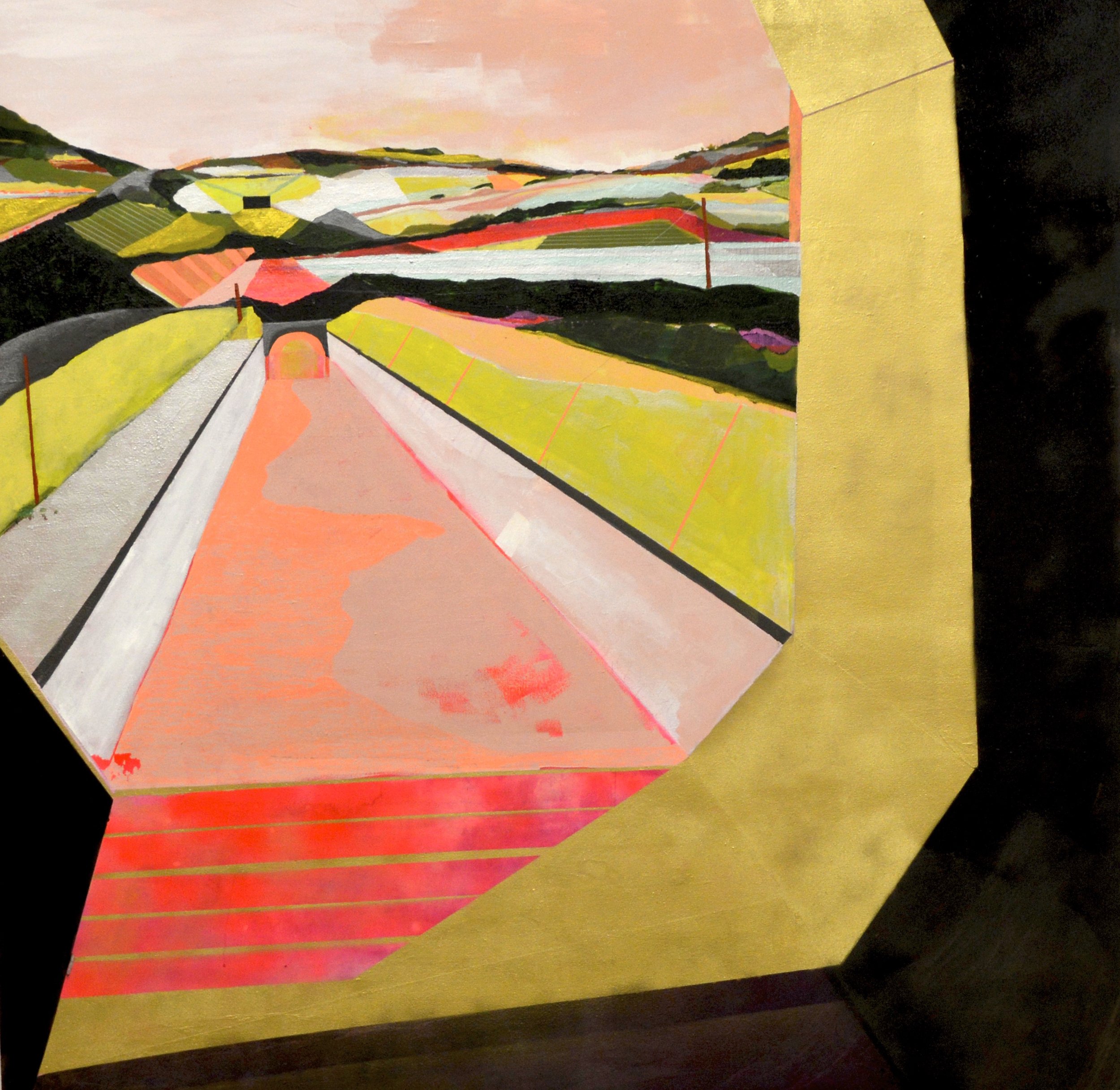 A colorful landscape painting with rolling hills and fields, featuring pastel pink sky and a tower in the middle, framed by a black border.