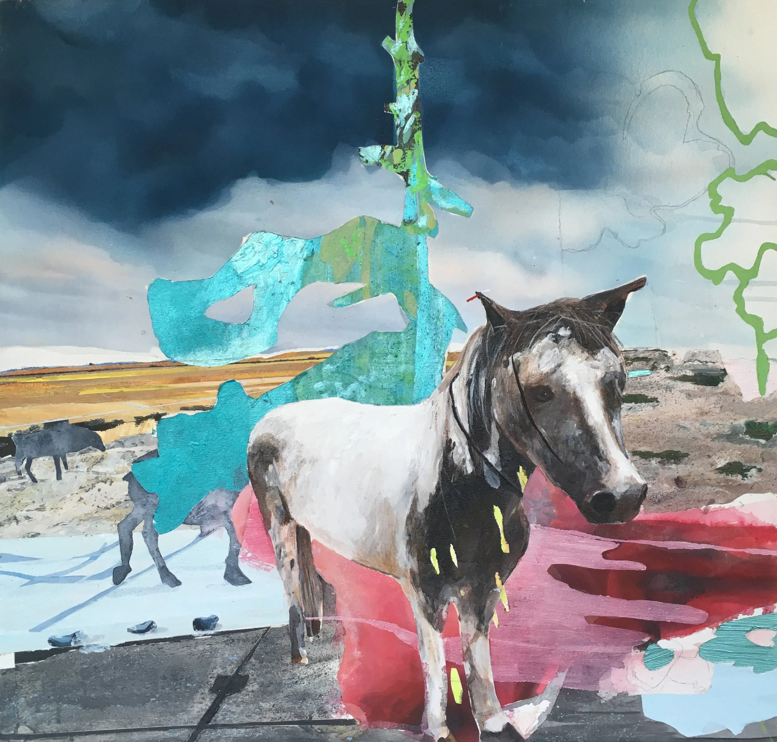 Colorful painting depicting several horses in a field under a dark cloudy sky, with some abstract shapes and green lines.