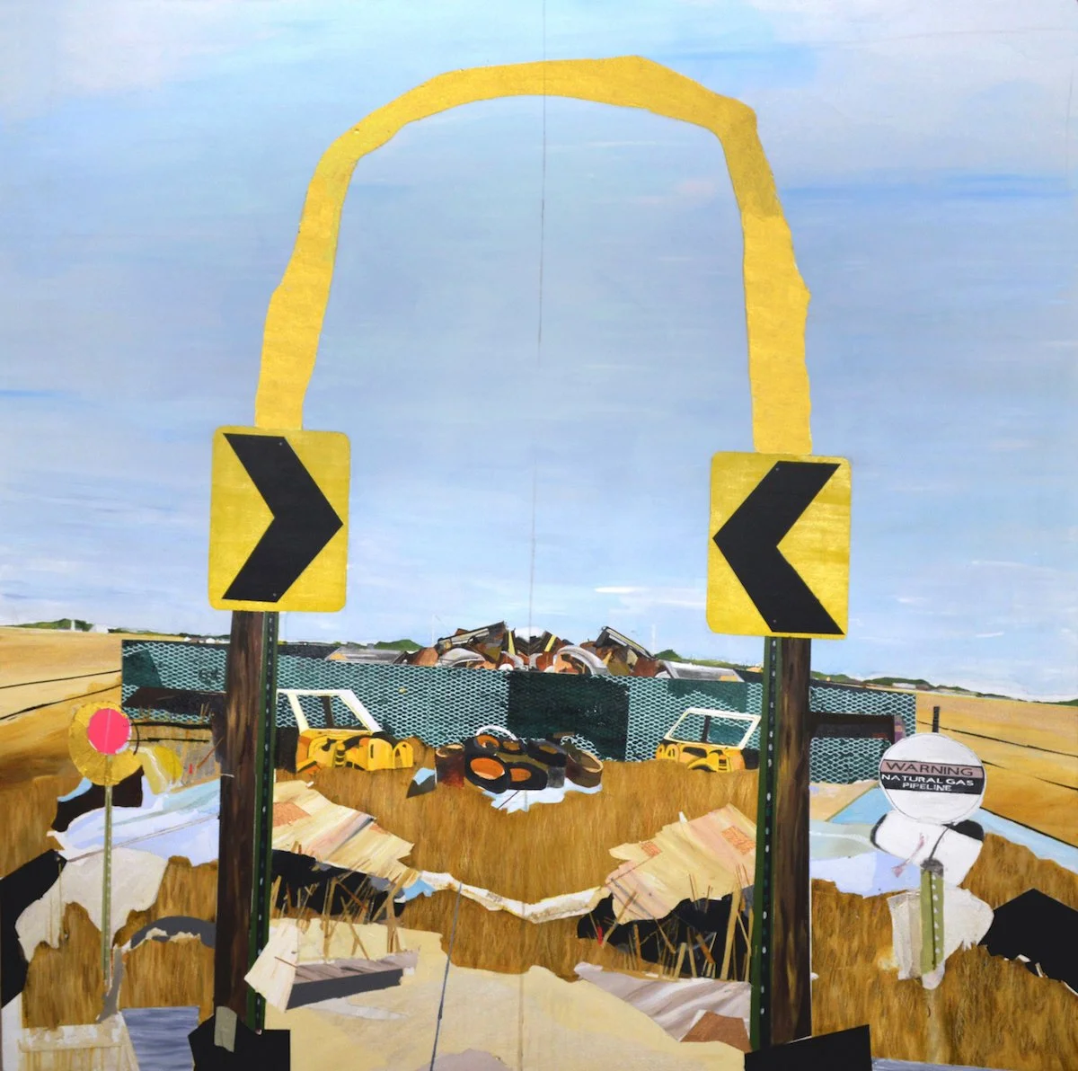 An artwork depicting a construction scene with a painted blue sky, two yellow and black directional signs, a yellow arch, piles of construction materials, and a sign indicating a warning for natural gas pipeline.