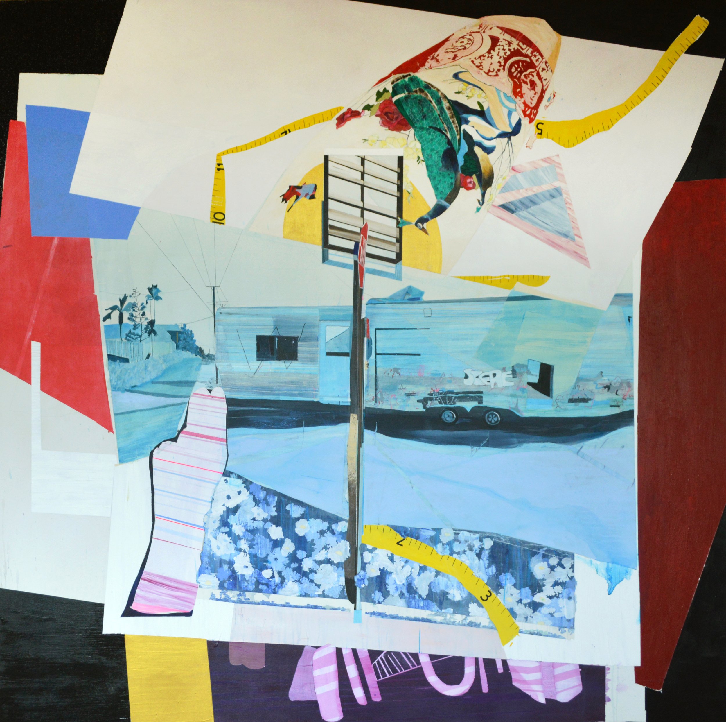 A collage of various cutouts of different colors, patterns, and textures arranged on a surface, with measuring tape markings on some of the pieces.