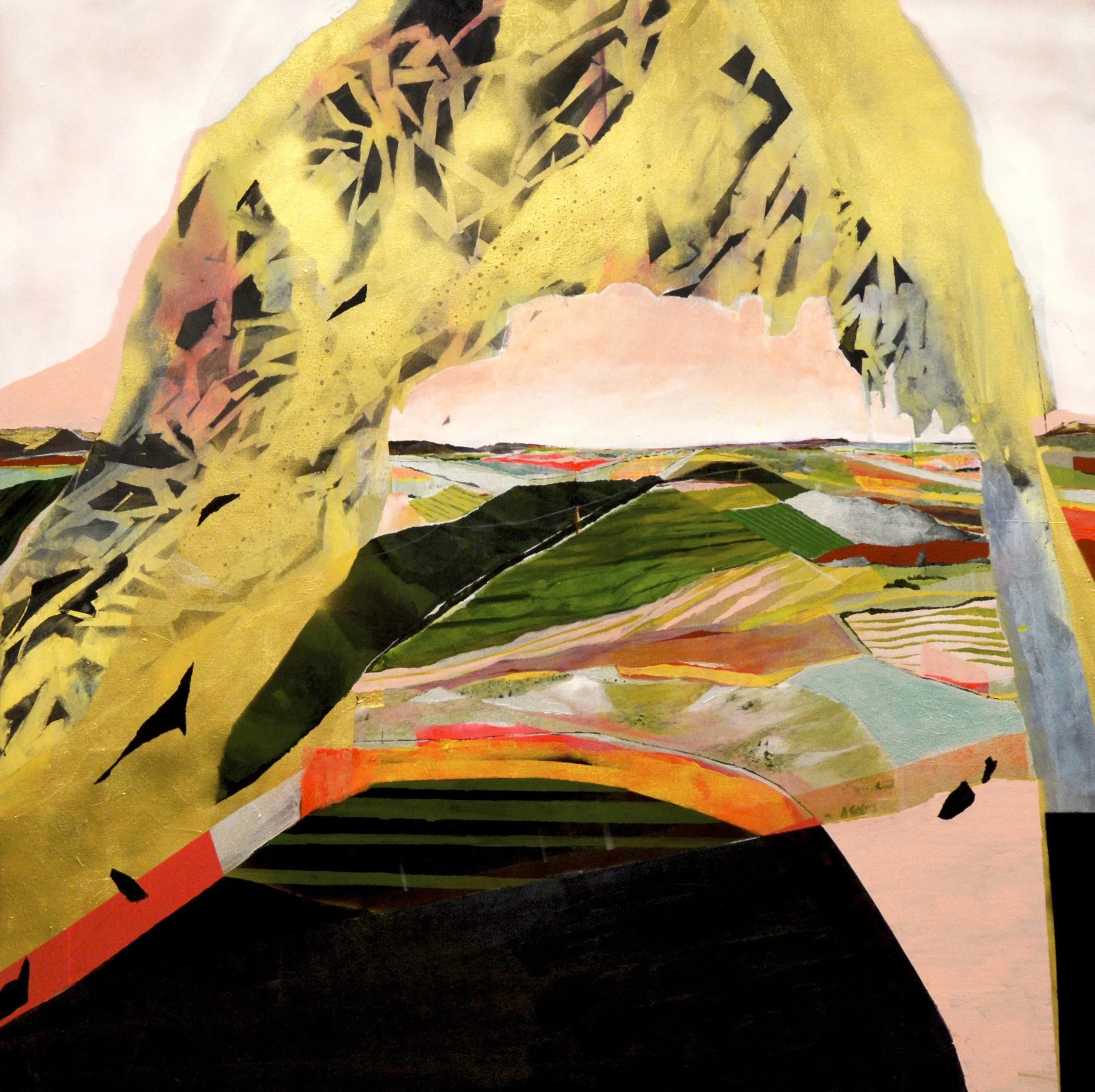 Abstract artwork with bold colors including yellow, black, green, pink, and red, featuring geometric patterns and layered textures.