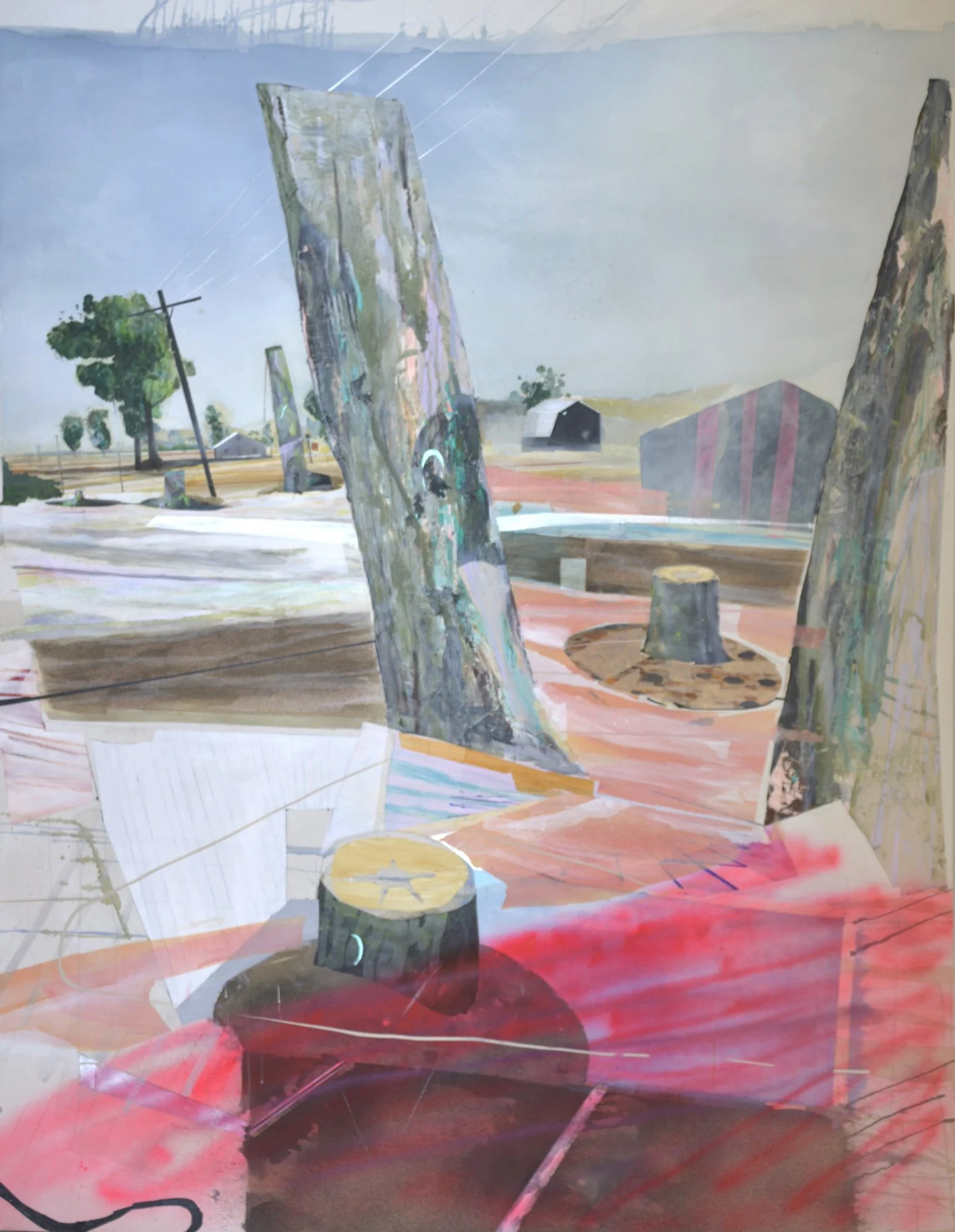 An artistic painting of a rustic outdoor scene featuring weathered wooden posts, a small barn, trees, power lines, and a bright sky with red and orange ground shadows.