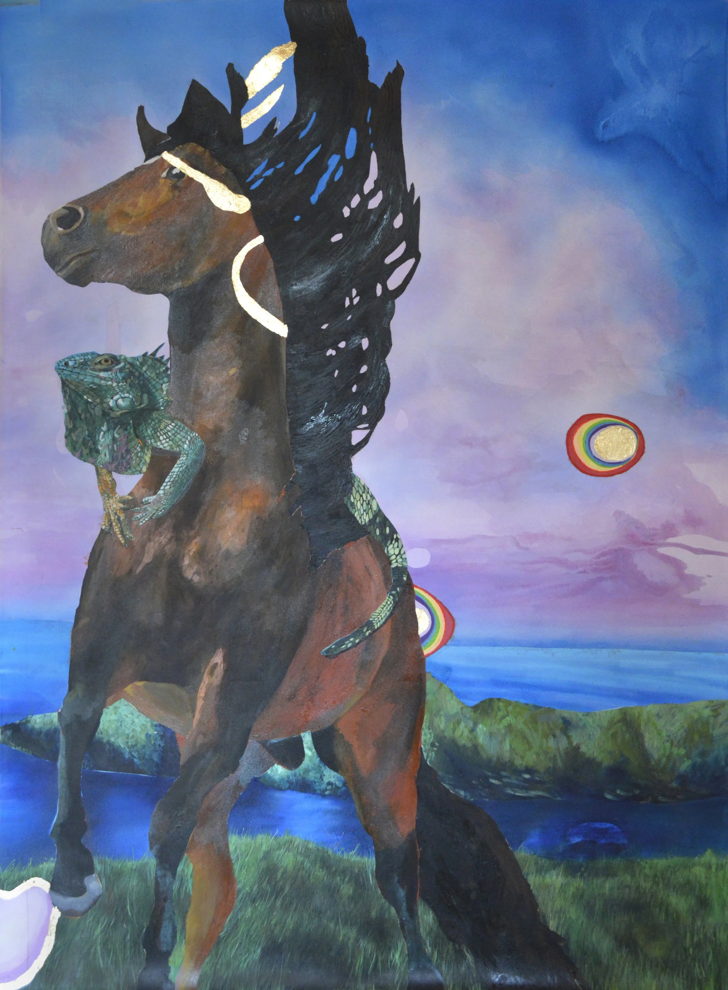 A painting depicting a horse with a black and white butterfly resting on its face, a green lizard on its chest, and a rainbow in the background sky with a body of water and grass in the foreground.