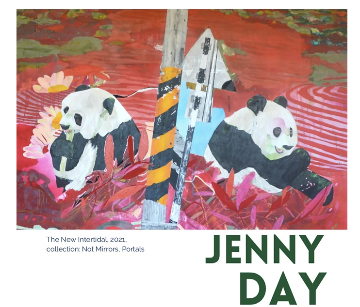 A colorful painting of two pandas in water surrounded by pink and red plants, with a large black and yellow striped pole and a gray structure in the background. The text at the bottom reads: "The New Intertidal, 2021, collection: Not Mirrors, Portals," and the bottom right says "JENNY DAY."