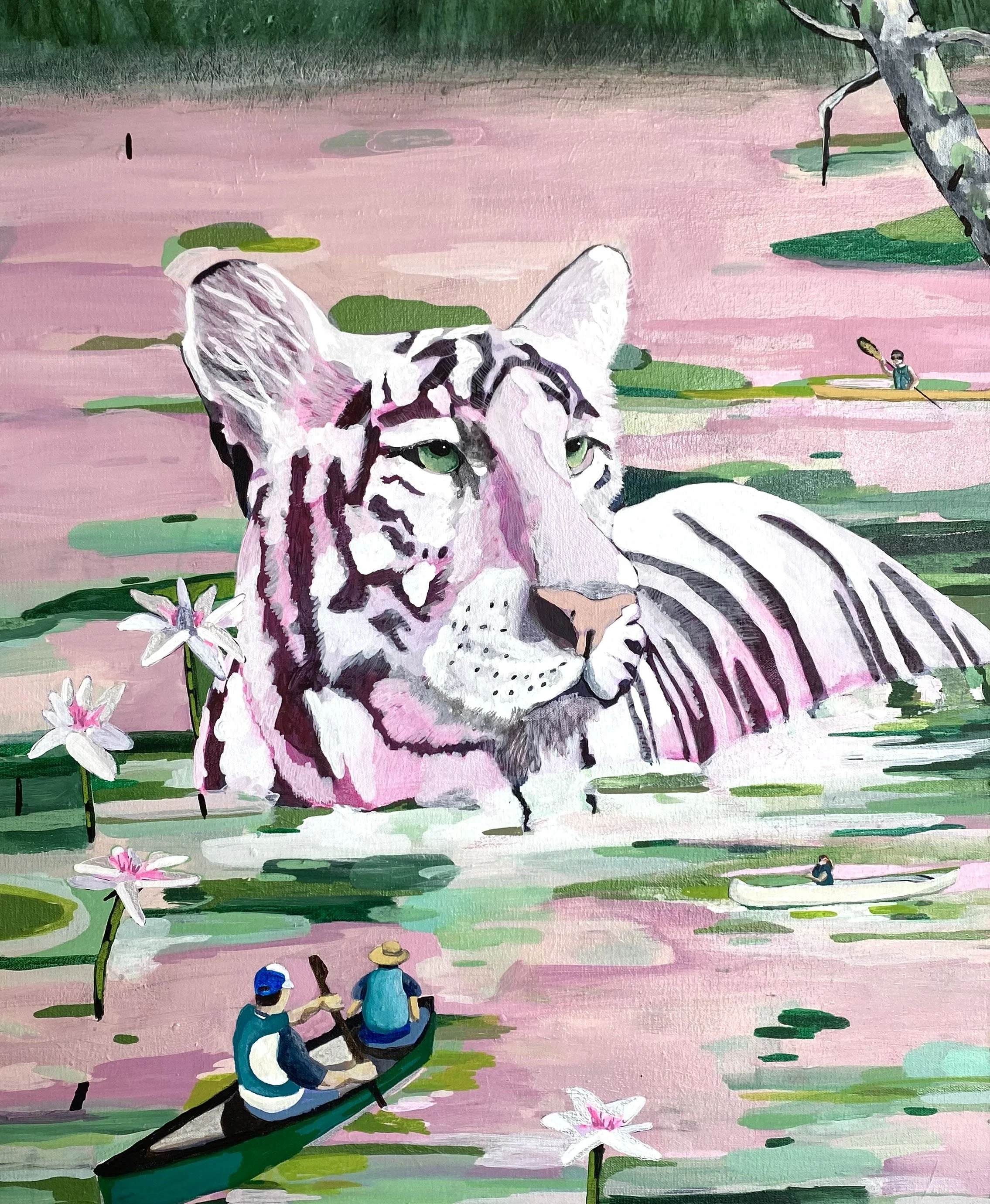 Painting of a pink pond with white and black-striped tiger lounging on a rock, surrounded by lilies, with two people in a boat and two more in a kayak, and trees in the background.