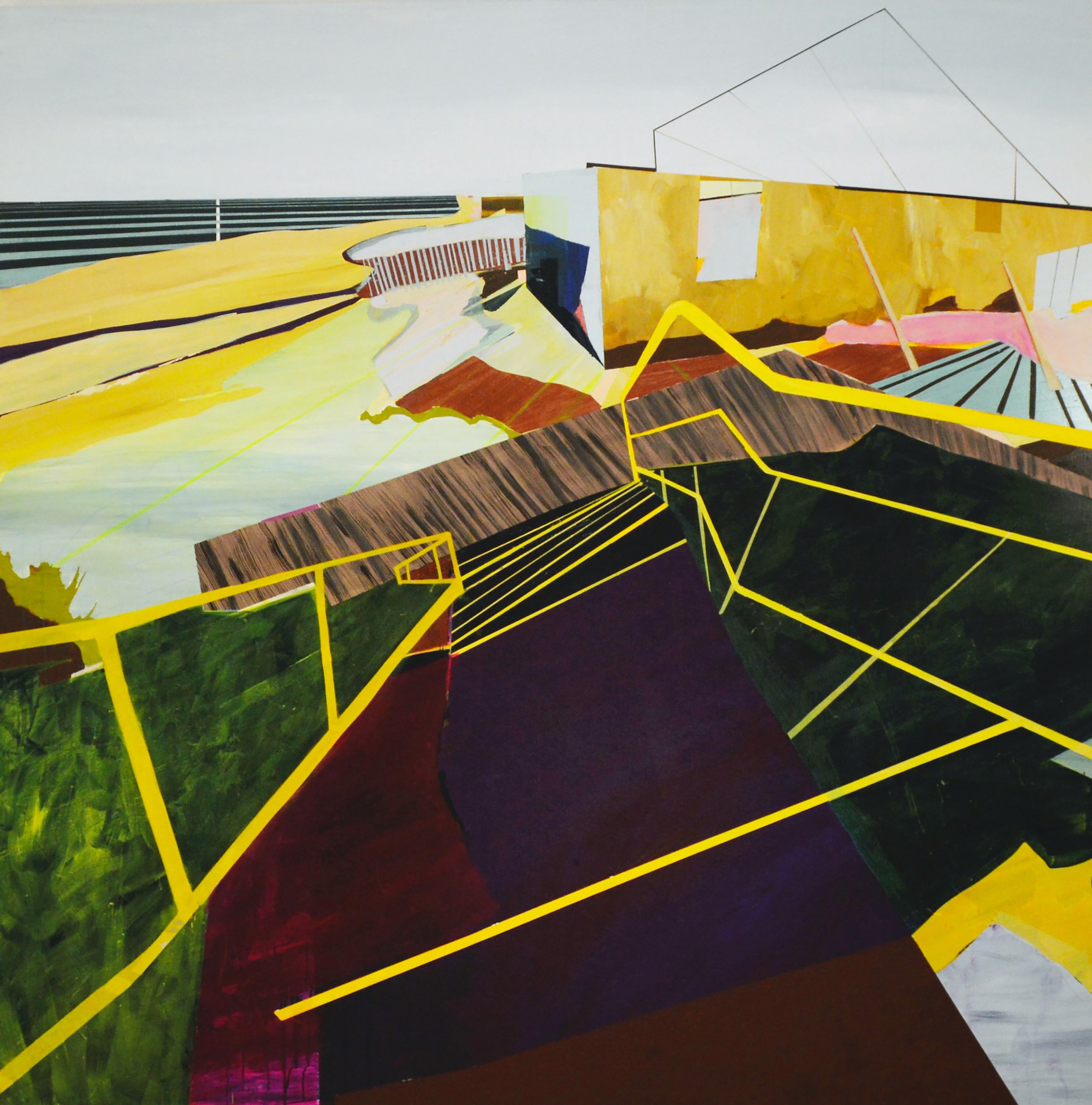Abstract artwork featuring bold yellow lines, geometric shapes, and contrasting colors such as green, brown, pink, and white, with a minimalistic background.