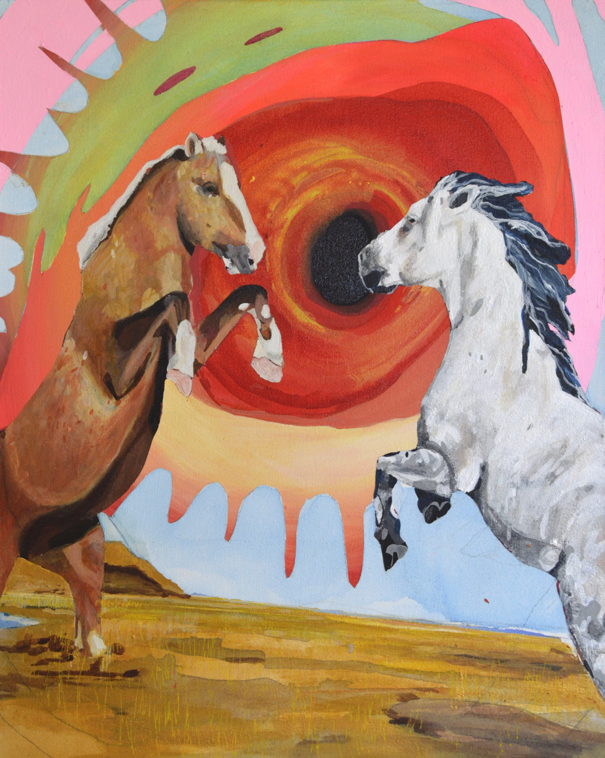 Colorful abstract painting of a horse and a unicorn facing each other with a swirling orange and yellow background. The horse is on the left side, depicted in brown tones with a white mane. The unicorn on the right side has a white coat with black ma