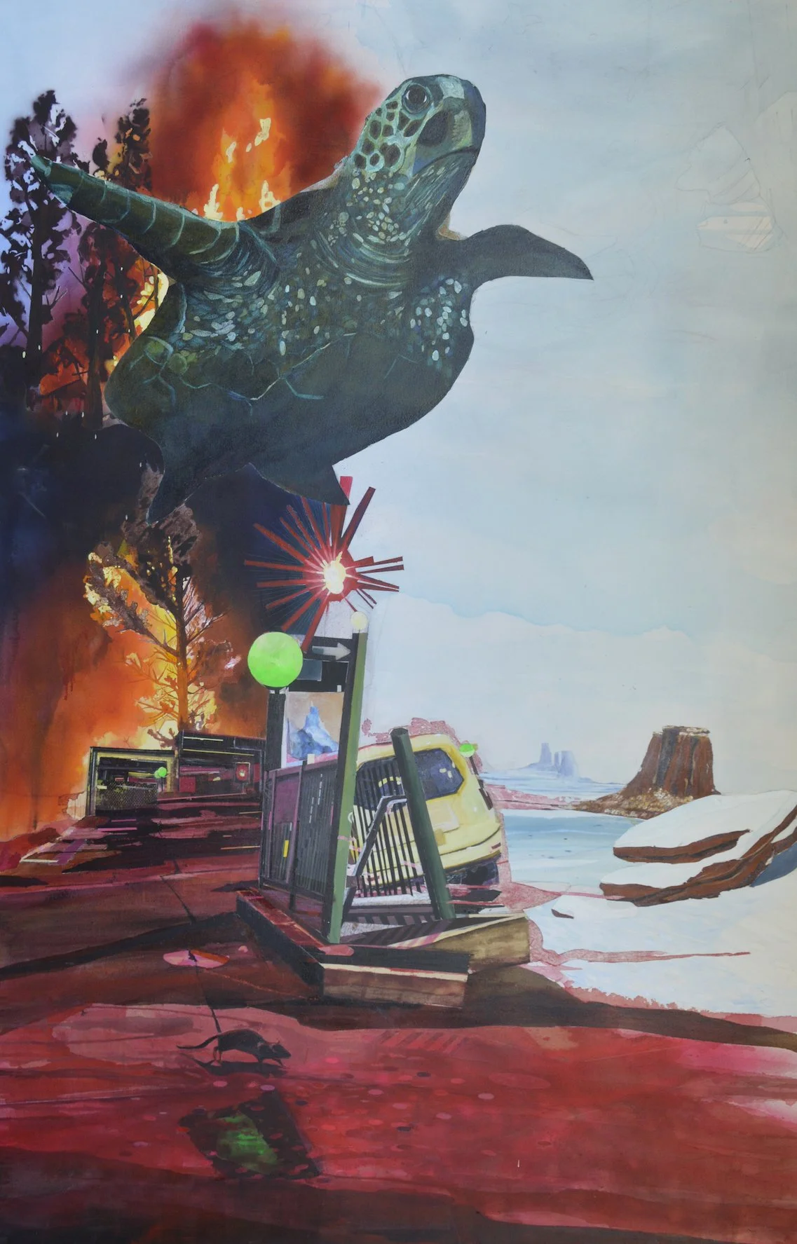 Painting depicting a large turtle flying in the sky over a disaster scene with fire, smoke, and damaged cars along a coastal area.