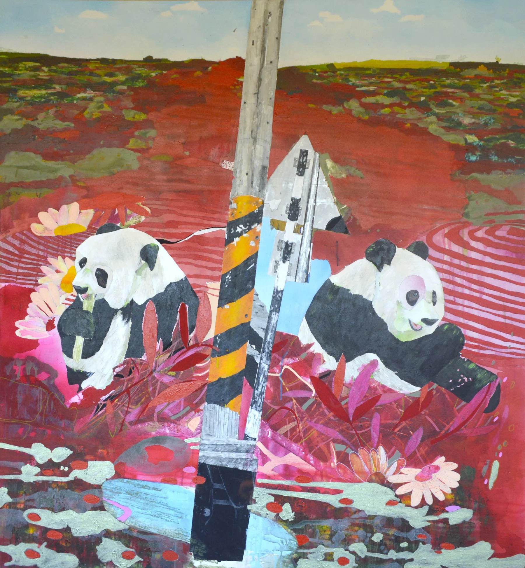 Abstract painting of pandas in a vibrant landscape with a red ground, blue sky, and colorful foliage, featuring a tall pole and a triangular structure.