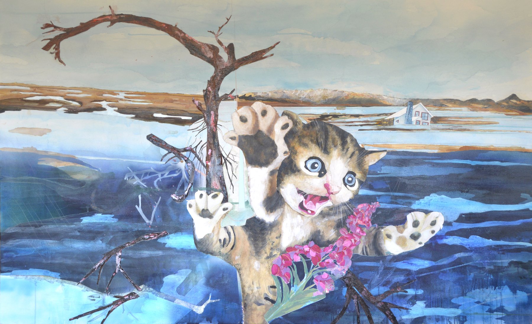 A colorful painting of a playful kitten with large blue eyes, reaching out with its paws amidst pink flowers and branches, set against a landscape background with water, land, and a distant house.