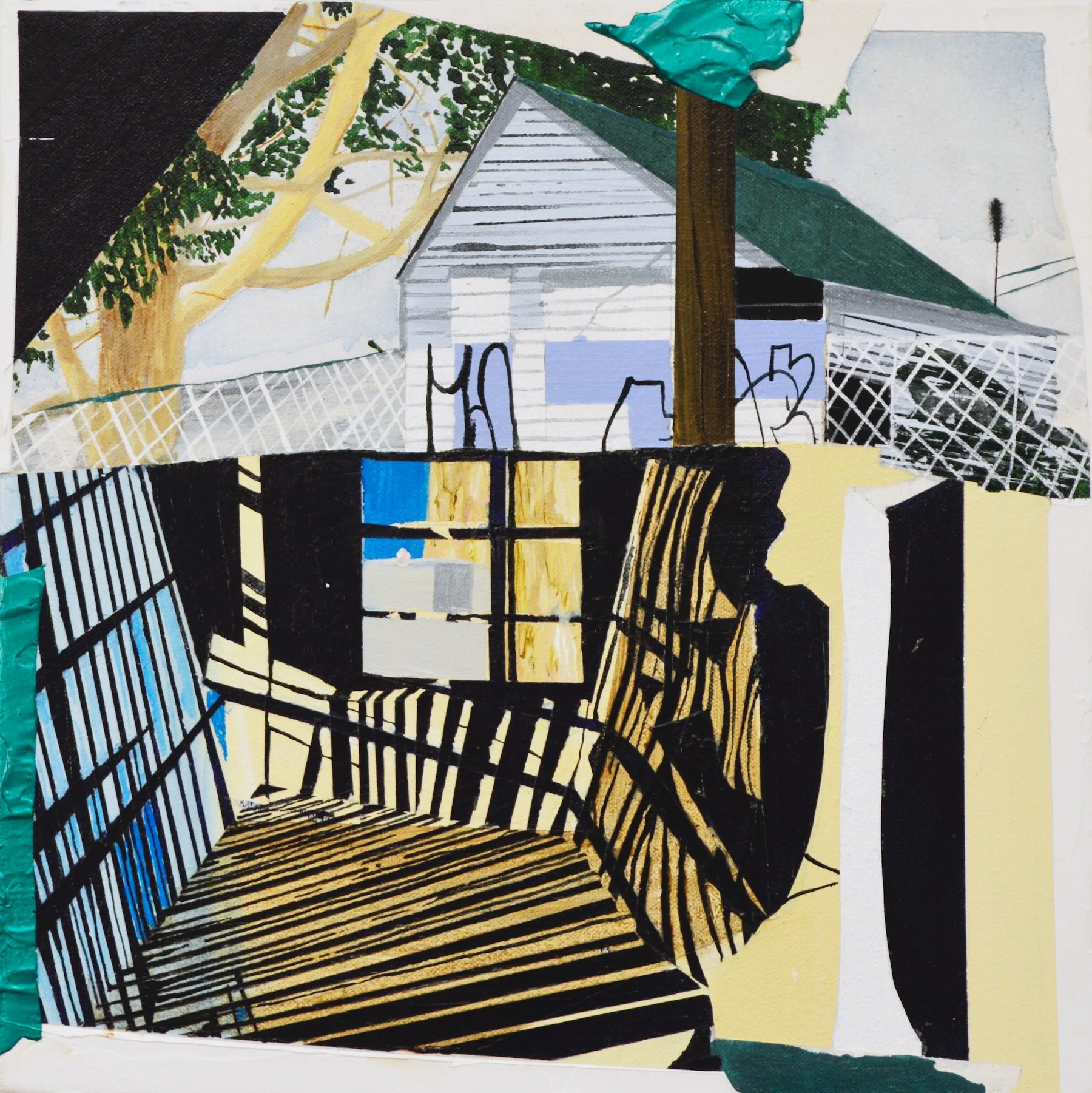 Abstract painting of a house with a green roof, a large tree, and geometric patterns in black, yellow, blue, and white.