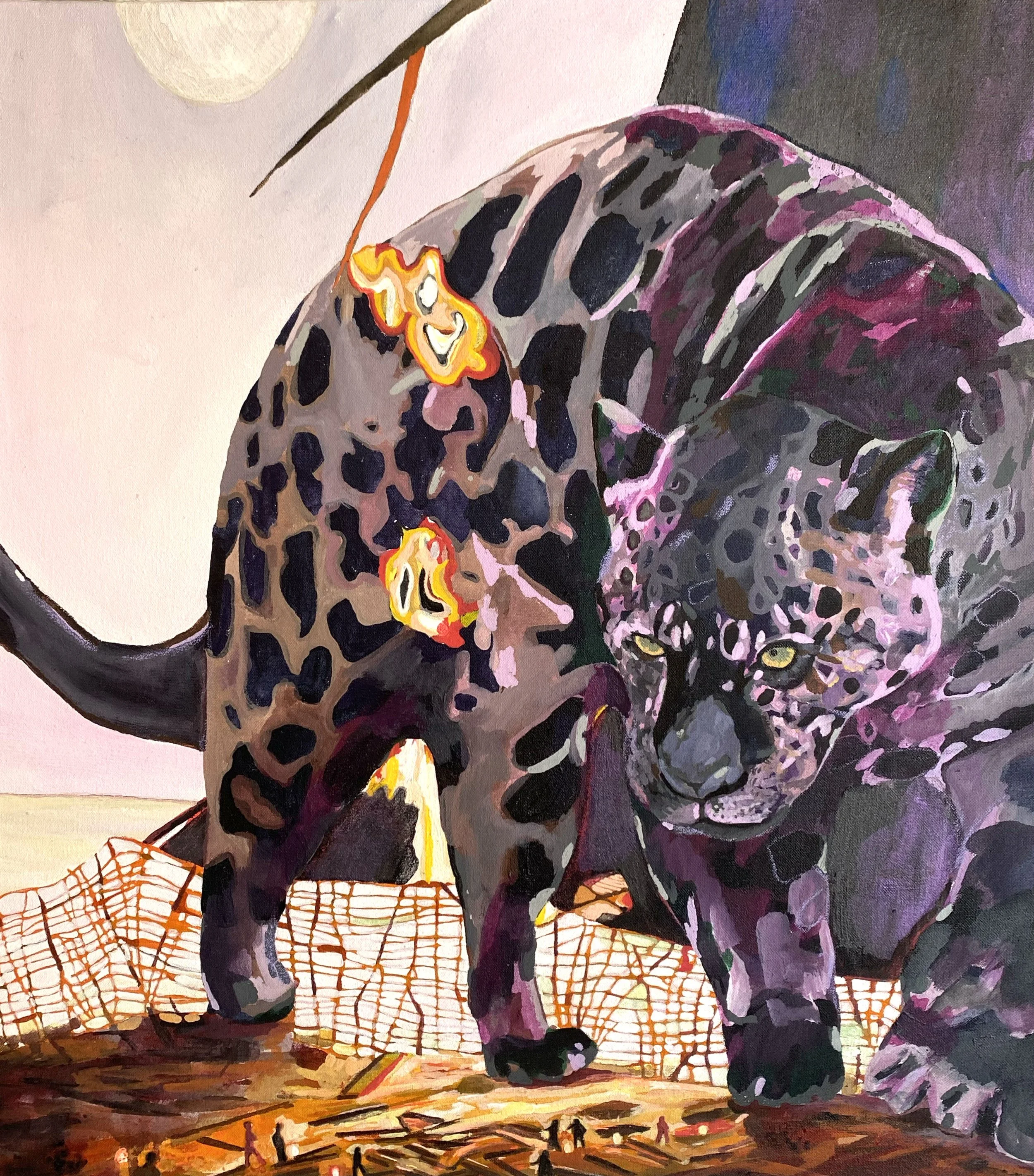 Painting of a black jaguar with yellow eyes sitting on a surface with a large moon and a spider web in the background.