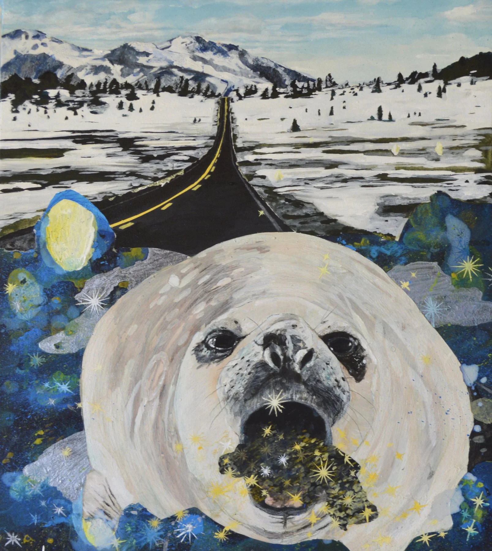 An artistic painting of a landscape with snow-covered mountains, a road leading into the distance, and a large dog face in the foreground, with surrounding colorful stars and abstract elements.