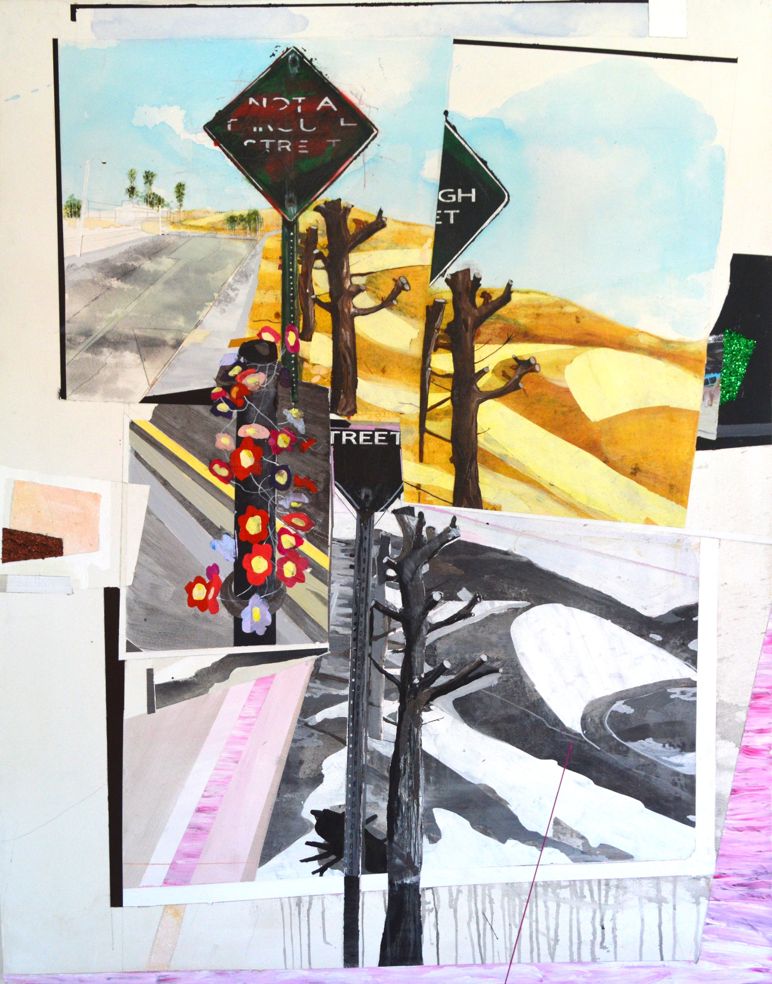 A collage of road signs, trees, and street scenes depicted in a mix of realistic and abstract art styles with vibrant colors and textures.