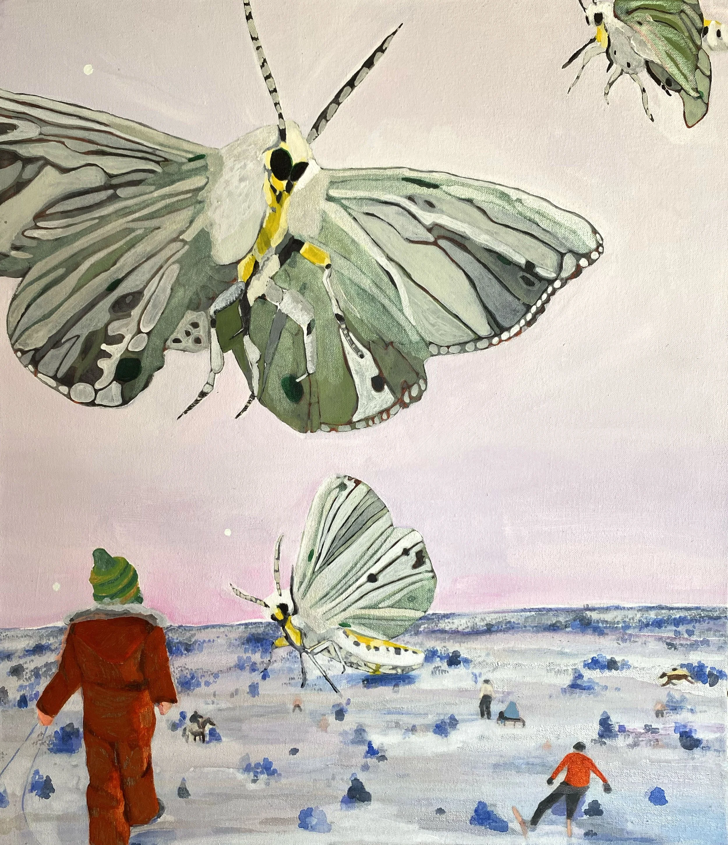 Painting of a beach scene with people, large butterflies, and a rainbow in the sky.