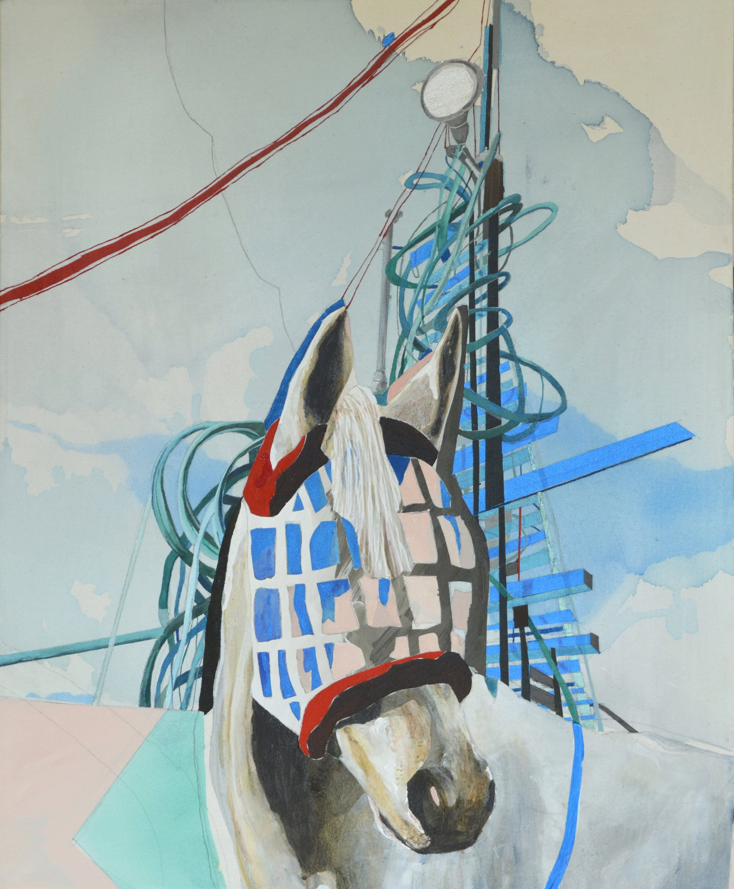 A mixed-media artwork featuring a long-haired dog with a black and white body, surrounded by abstract geometric shapes, blue and red lines, and a background with light blue and beige areas.