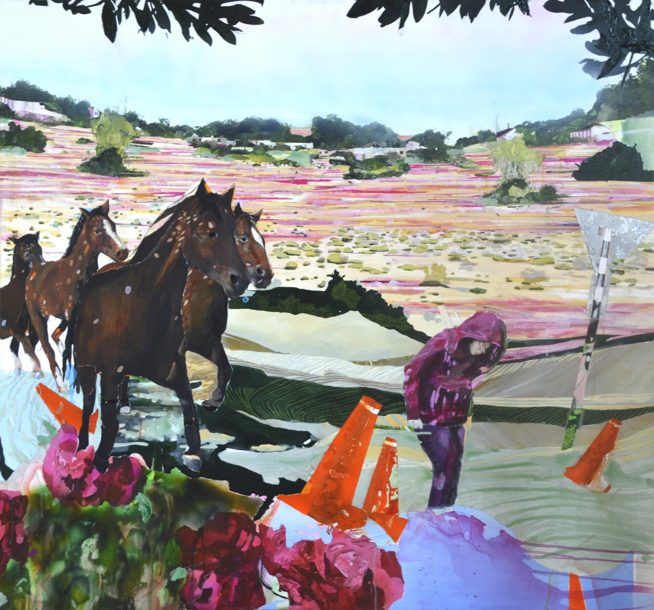 Painting of horses galloping through a colorful landscape with flowers, trees, and a blue sky in the background.