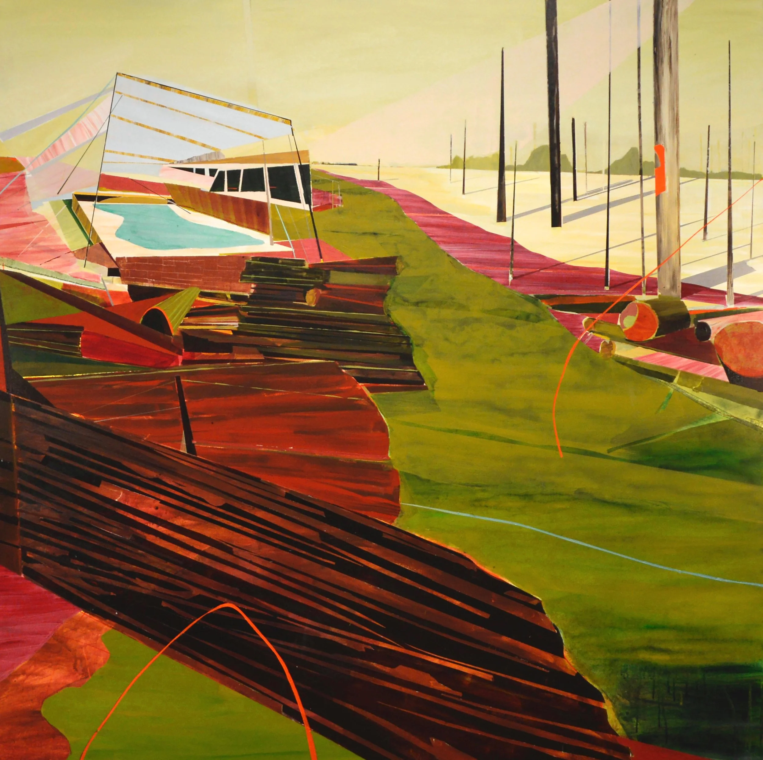 Stylized illustration of a racetrack with a futuristic, angular structure in the foreground and a curved road extending into the distance, with utility poles and a hazy landscape in the background.