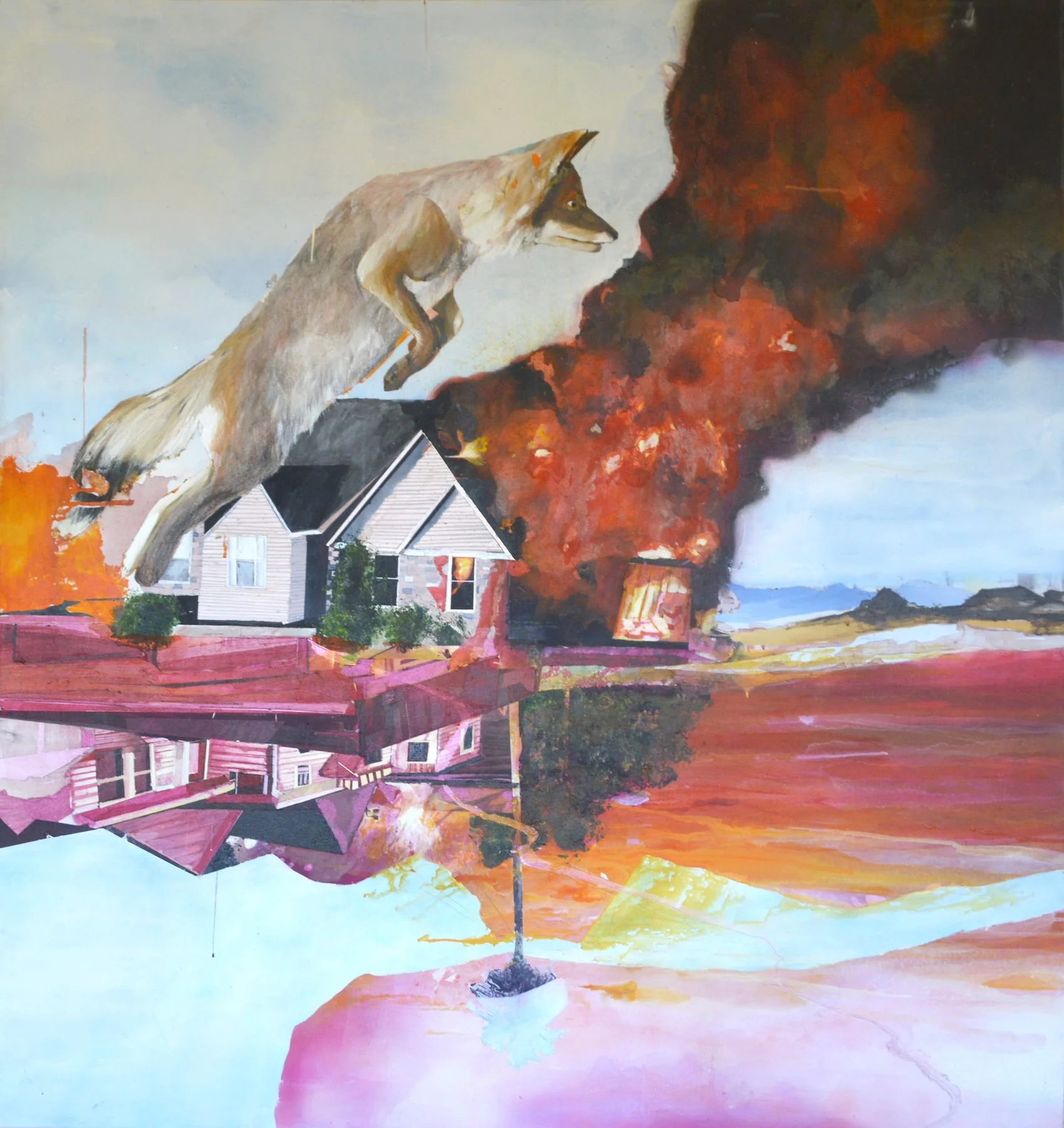 Abstract painting of a house and a wolf, with a large fire and smoke in the background.