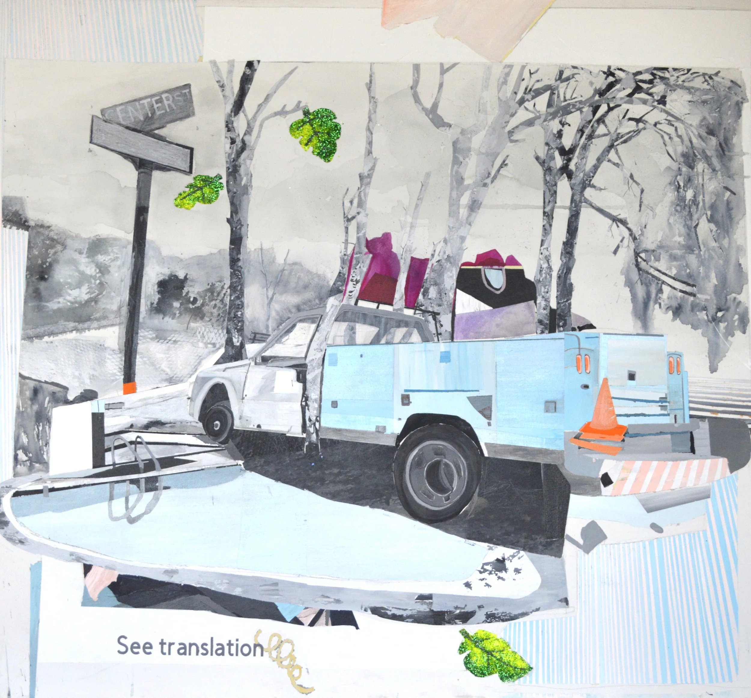 A collage of a car, trees, street signs, and traffic cones with varied textures and colors.