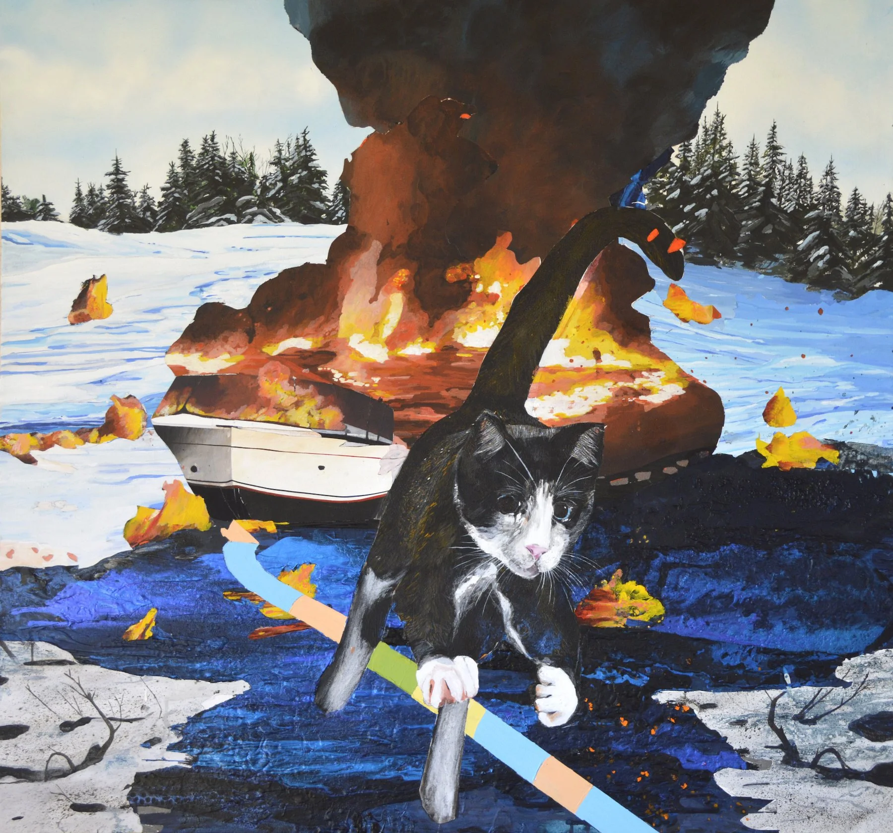 A painting of a black and white cat with pink nose and paws, superimposed in front of a landscape with snow-covered ground, icy water, and a background of trees and a volcano erupting with lava and smoke.