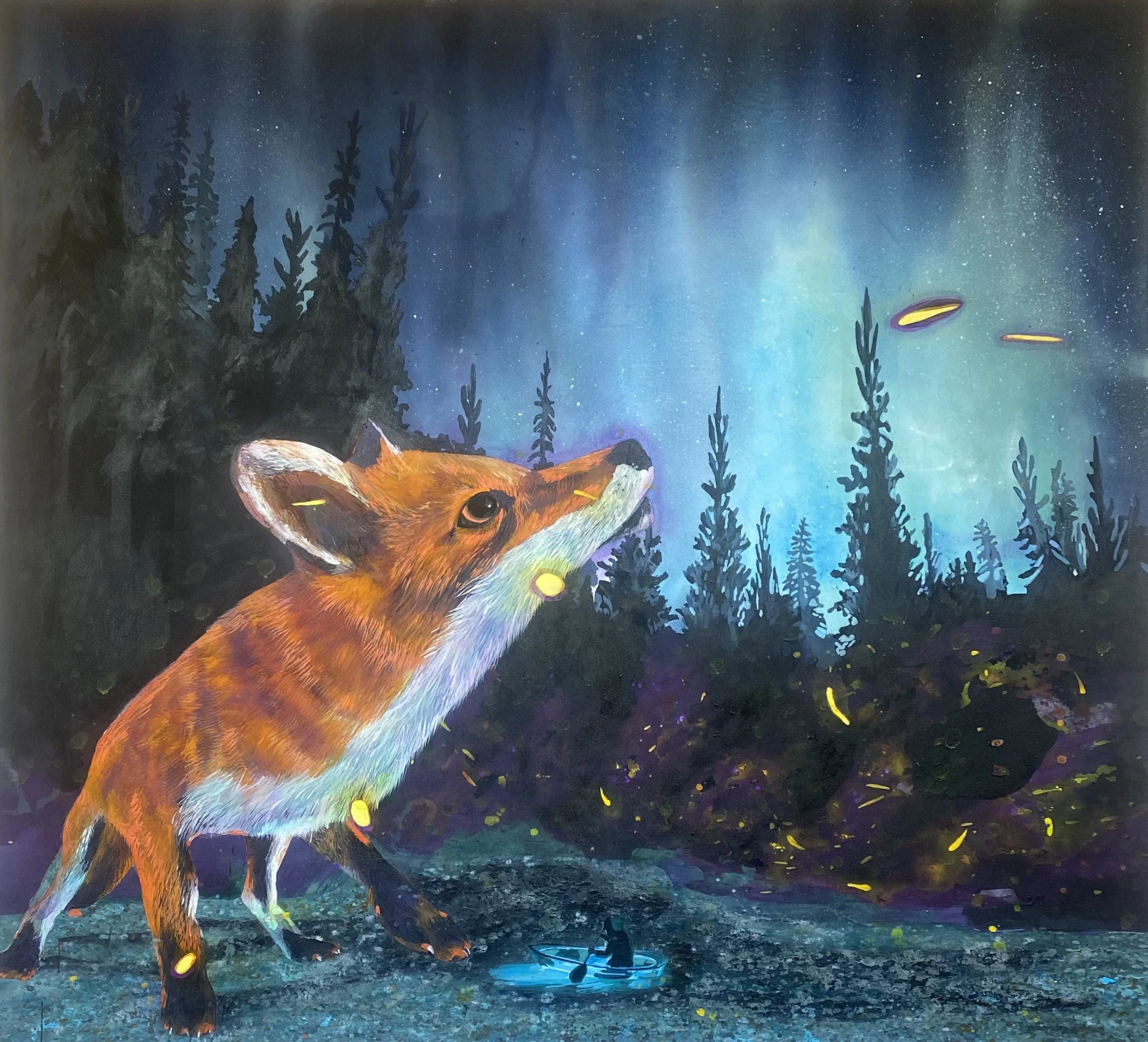 Painting of a fox with a sunset background and pine trees, featuring bright colors and a starry night sky.