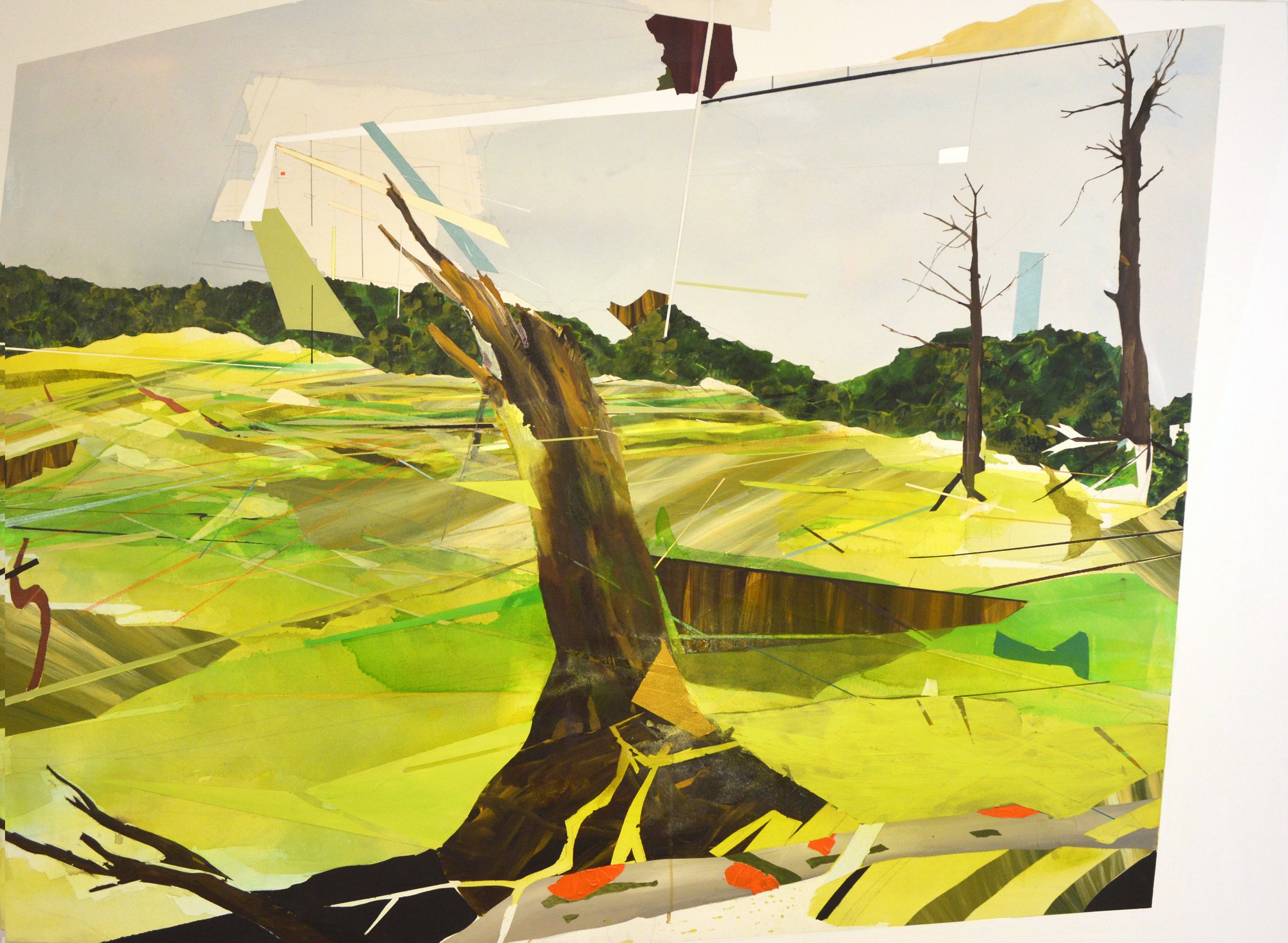 Abstract landscape painting featuring trees and a field with varied colors and brushstrokes.