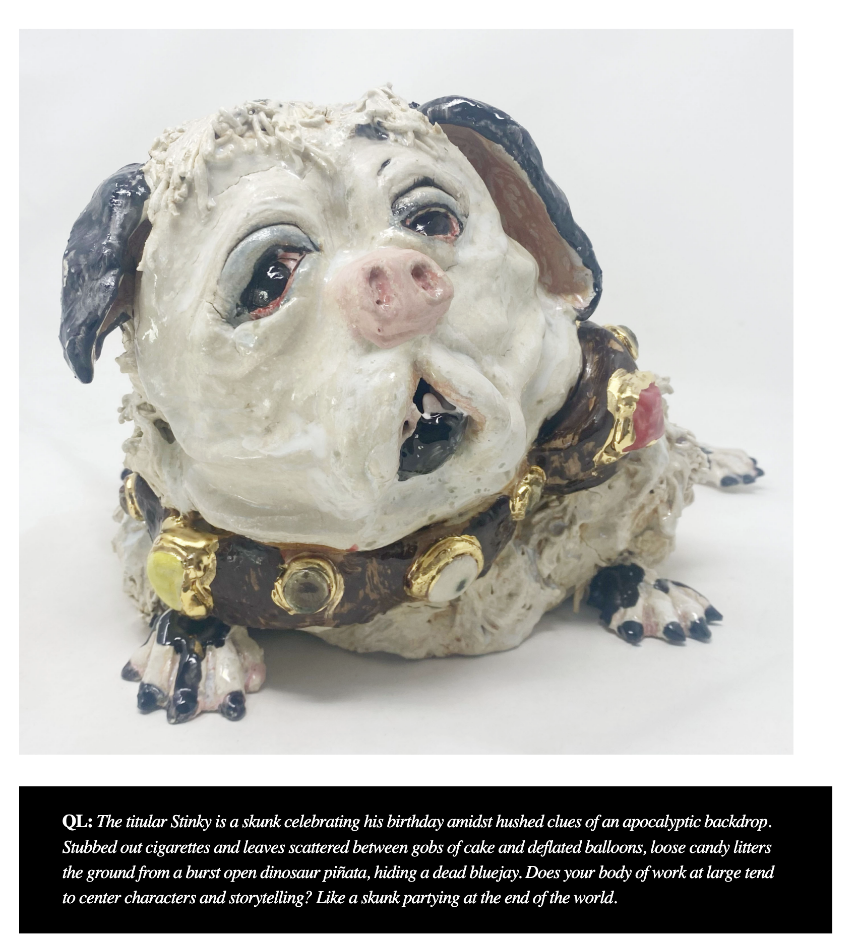 A sculpture of a pig with a human-like face, decorated with battered cigarettes, leaves, and candy litter, wearing a gilded necklace, set against a plain white background.