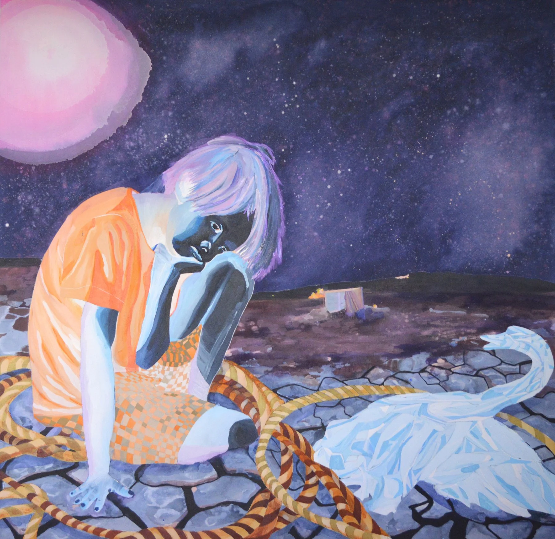A mural of a person with a tiger-striped snake coiled around their body, sitting on rocky ground under a starry night sky with a large pink moon.