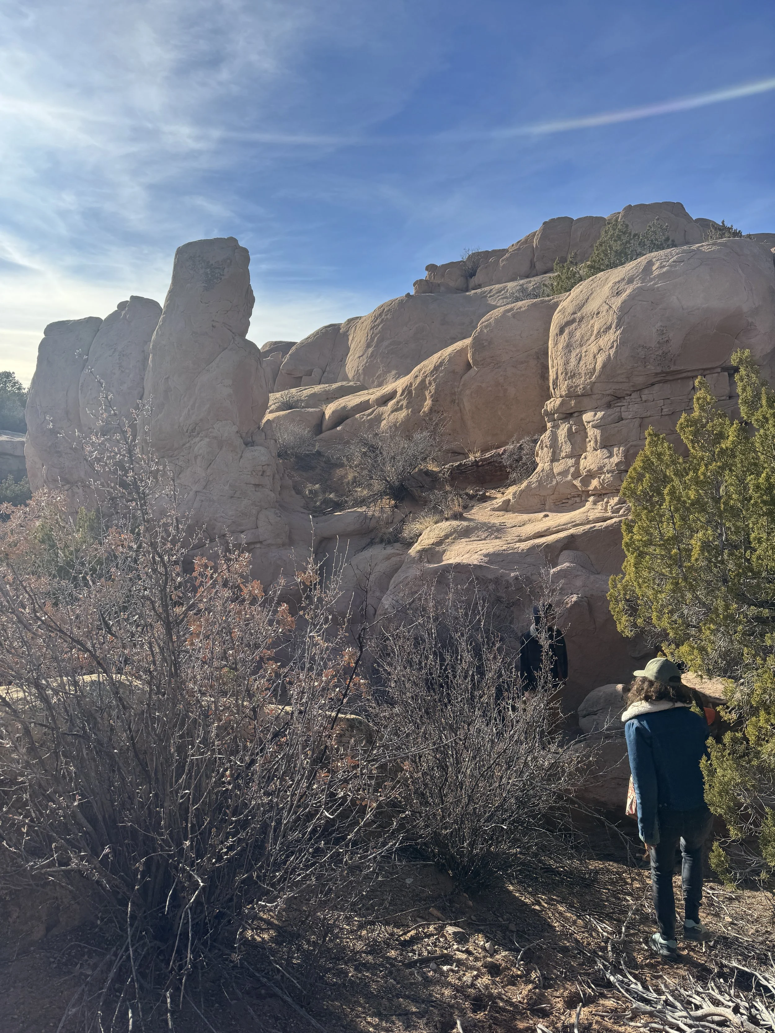 A person walking among desert rocks and bushes on a sunny day with a blue sky and wispy clouds.