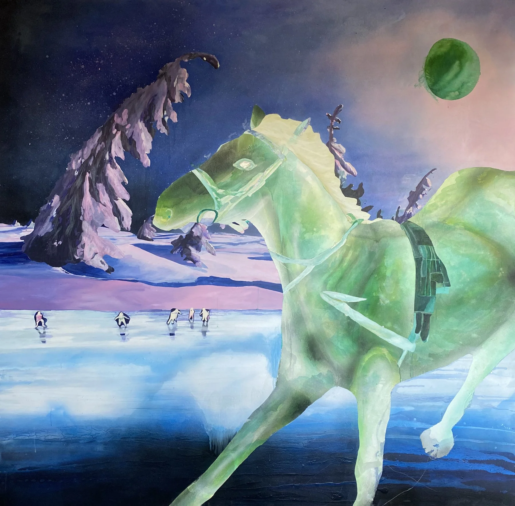 A surreal painting of a icy landscape under a dark blue sky with a large green planet in the background. There are tall, purple-tinted trees and a large green leaf in the foreground, with small penguins standing on the icy surface.