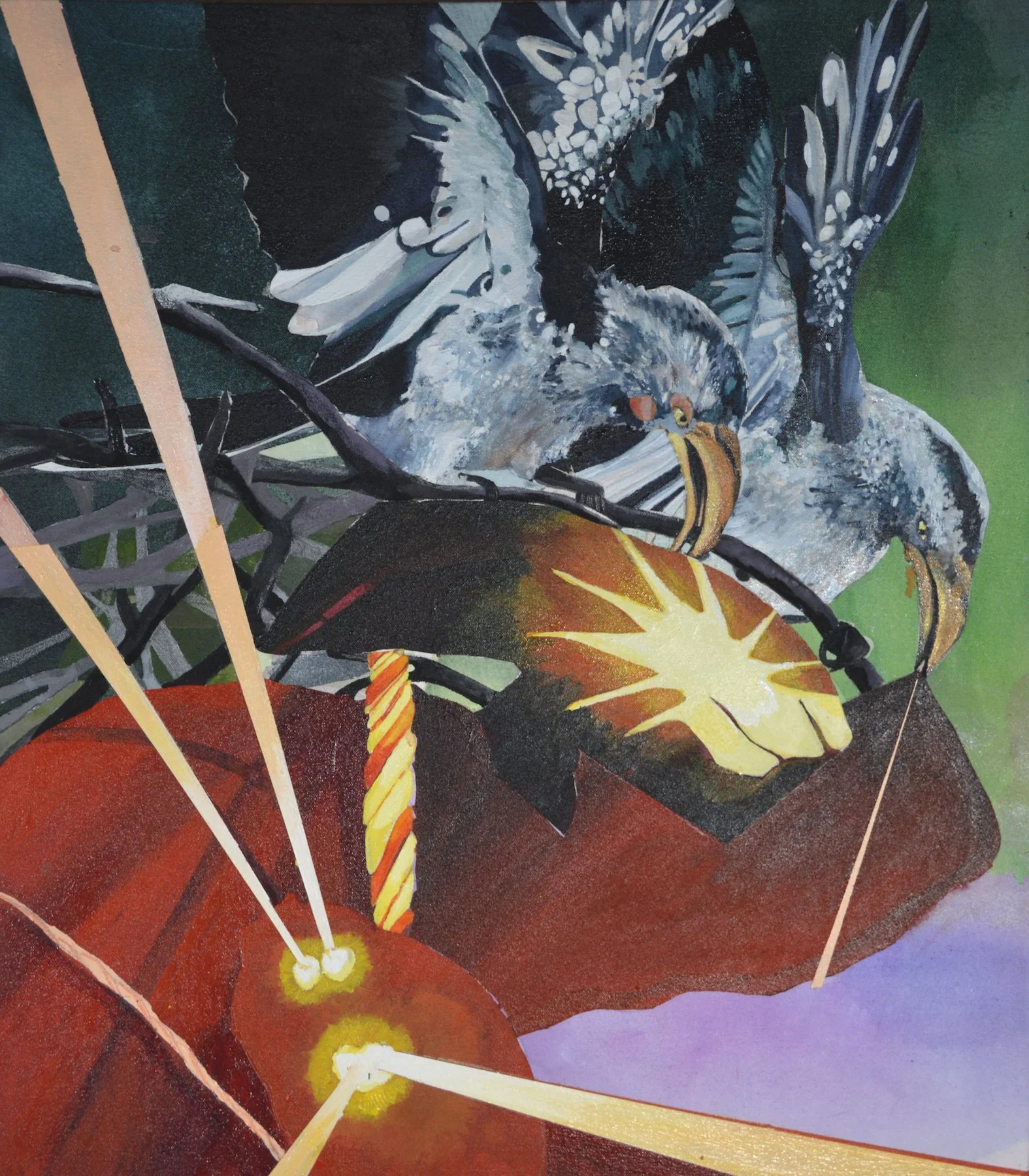 Close-up of an abstract painting featuring a bird holding a branch with colorful, starburst-like shapes and elongated lines, set against a green background.