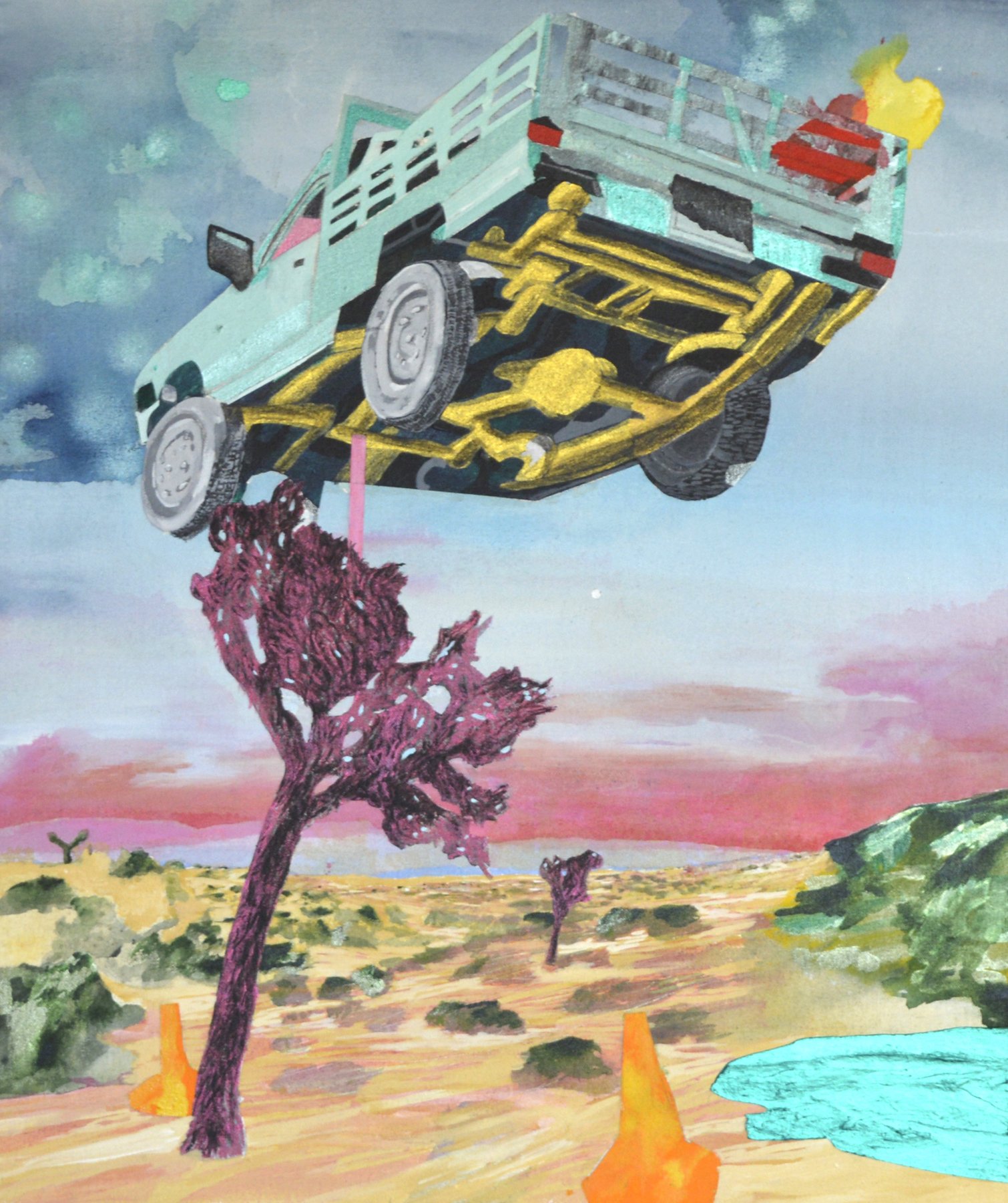 A painting of a surreal scene featuring a light blue truck upside down in the sky, with its wheels visible and yellow structures underneath. The background includes a pink and blue sky with clouds, a tree, and a pond in the landscape below.