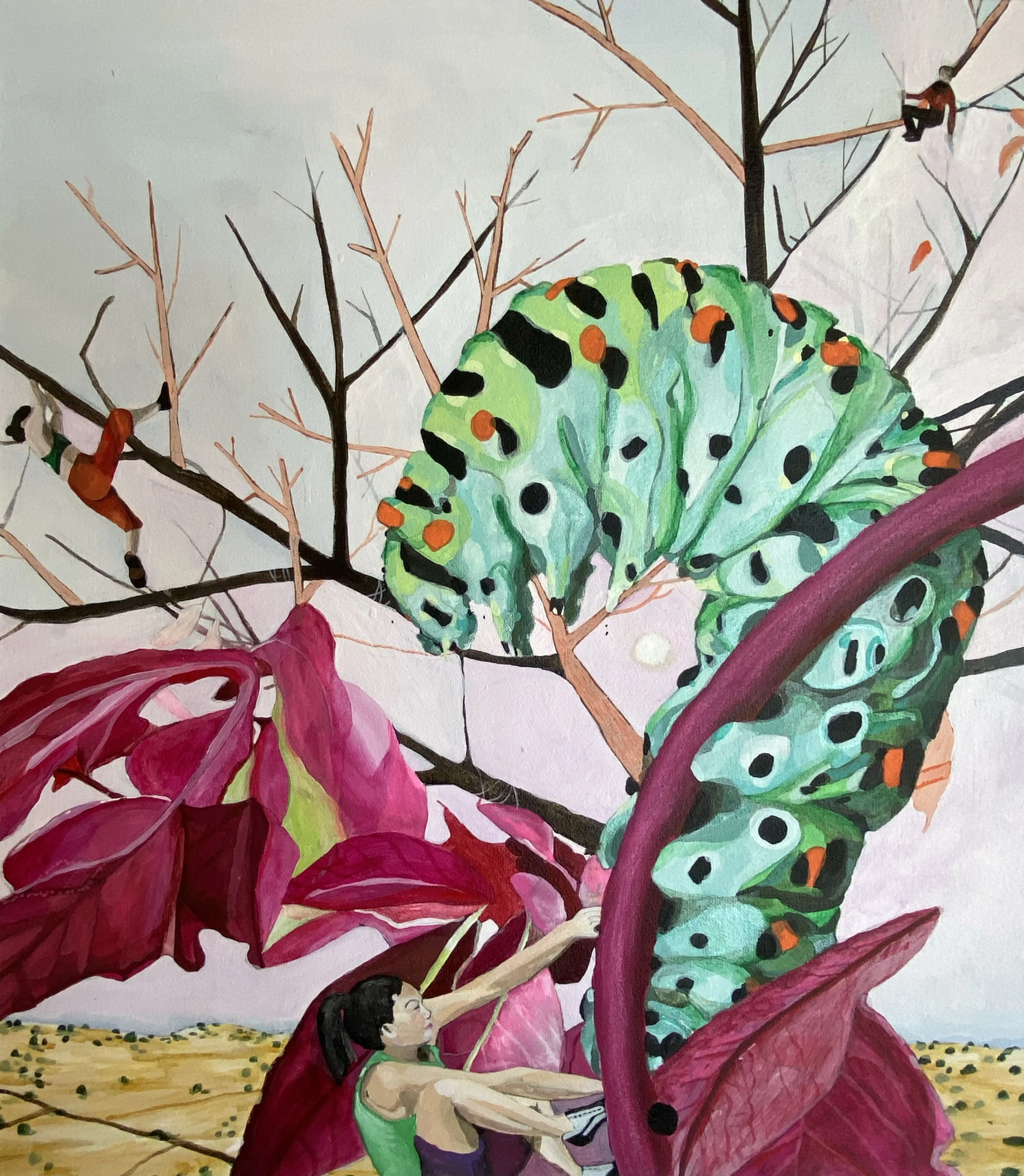 A colorful painting of a girl in a green tank top and purple shorts sitting on a sandy ground, reaching up to hold a large pink leaf. Behind her, a large green and black spotted butterfly is perched on a branch, and another person can be seen sitting