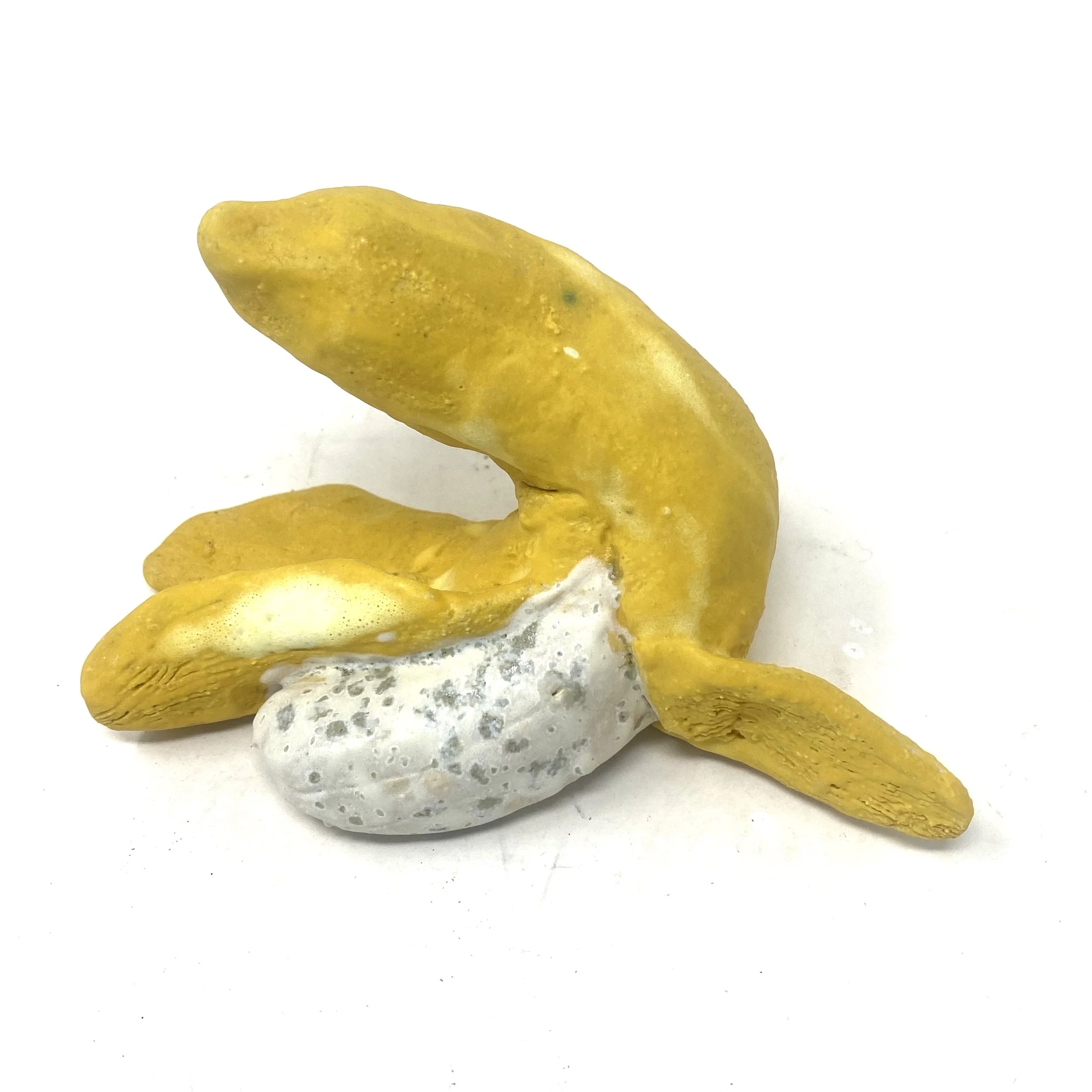 Close-up of a yellow, irregularly shaped banana set against a white background.