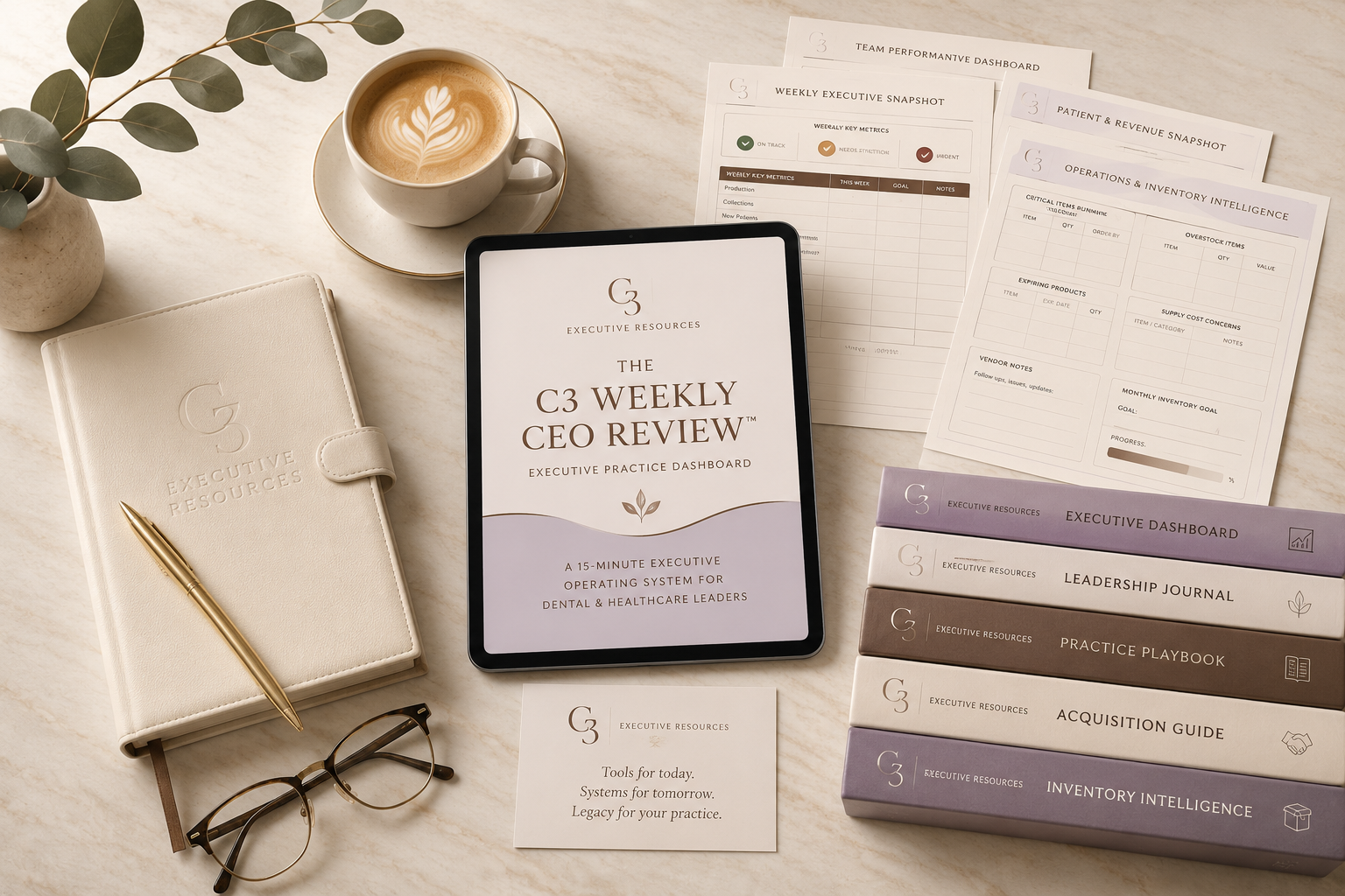 A flat lay of a workspace featuring a tablet screen displaying 'The C3 Weekly CEO Review' with a subtitle about an executive system for dental and healthcare leaders. Surrounding items include a closed beige notebook with a gold pen on top, a pair of glasses, a white coffee cup with latte art, several printed sheets of dashboard and snapshot templates, and a stack of six books titled 'Executive Dashboard,' 'Leadership Journal,' 'Practice Playbook,' 'Acquisition Guide,' and 'Inventory Intelligence.' There is also a small card with the quote, 'Tools for today. Systems for tomorrow. Legacy for your practice,' and a background of a light-colored wooden surface.