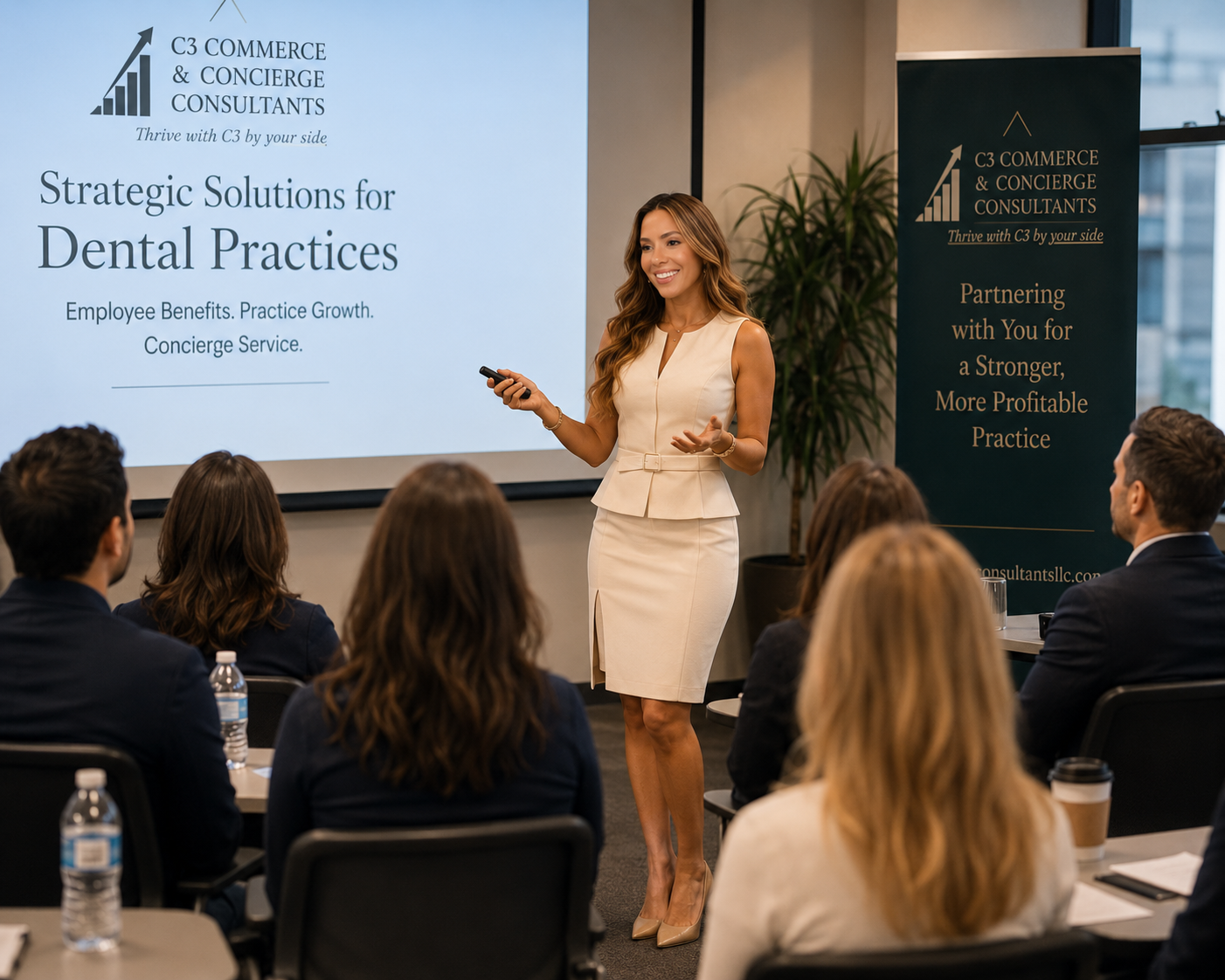A woman in a cream-colored dress giving a presentation to a group of people in a conference room. A slide on the large screen behind her displays the title 'Strategic Solutions for Dental Practices' and the logo of C3 Commerce & Concierge Consultants.