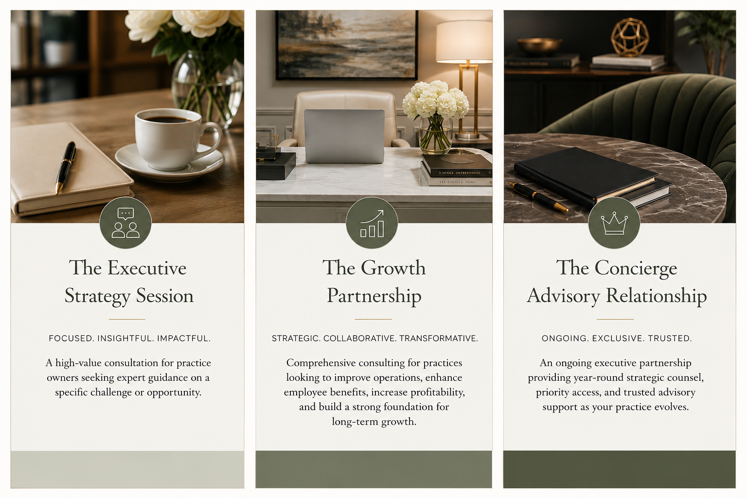 An infographic with three sections promoting professional consulting services: The Executive Strategy Session, The Growth Partnership, and The Concierge Advisory Relationship.