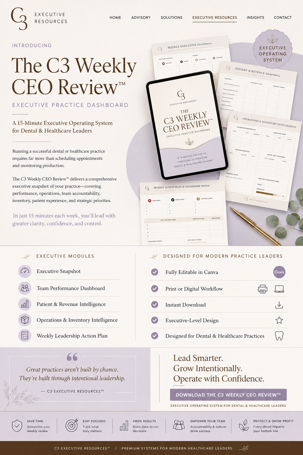An informational flyer for the C3 Weekly CEO Review, a practice dashboard designed for dental and healthcare leaders. The flyer features the product's key components, including executive snapshot, team performance dashboard, patient & revenue intelligence, operations & inventory intelligence, and weekly leadership action plan. It highlights the product's customization options, compatibility with Canva, instant download, and focus on modern practice management.