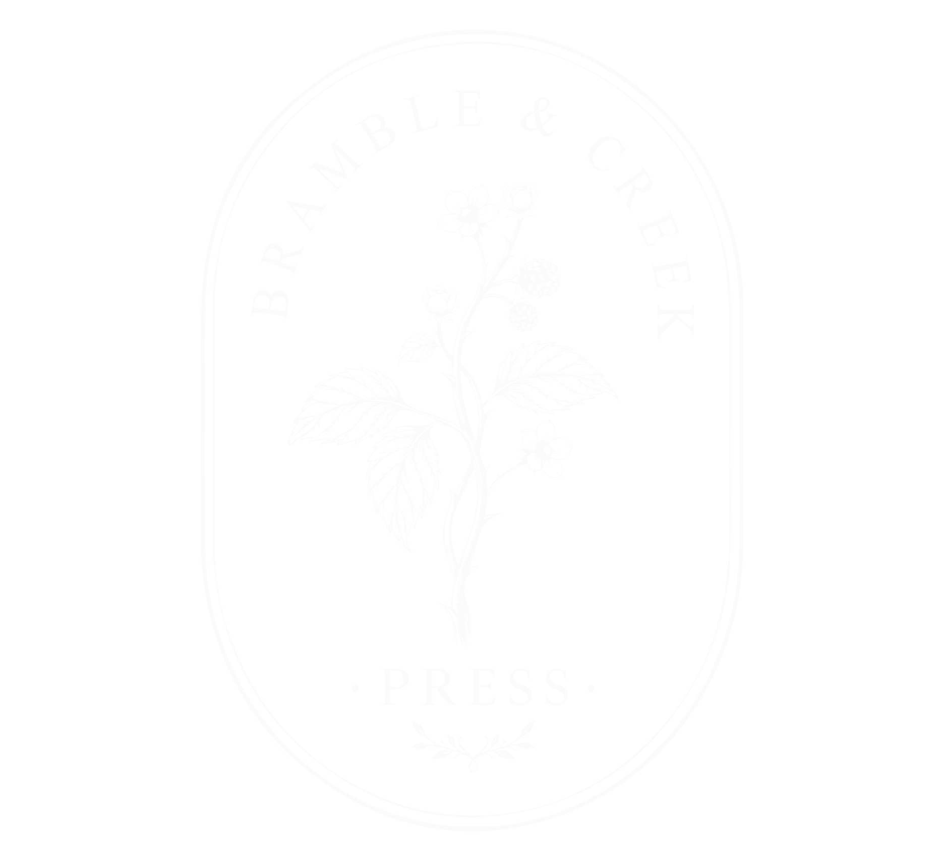 A black and white emblem featuring a botanical illustration of a plant with leaves and small flowers, with the words 'BRAMBLES & CREEK PRESS' encircling the plant.