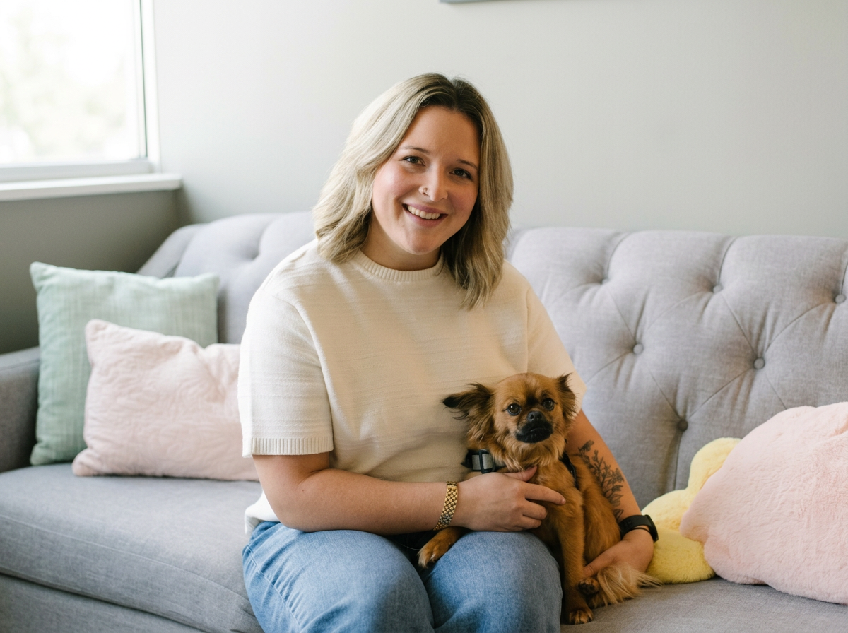 A woman sitting on a light gray couch, smiling while holding a small brown dog, in a bright room with a window and pastel-colored pillows.