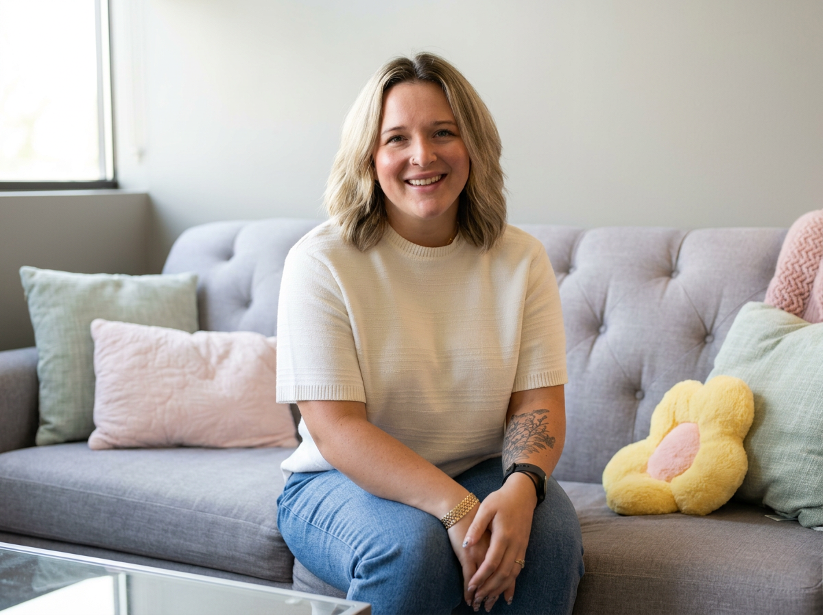 A woman with shoulder-length blonde hair, wearing a cream-colored short-sleeve sweater and blue jeans, sits on a light gray couch in a bright room, smiling at the camera. The couch is decorated with pastel pillows, including a pink, green, and a yellow flower-shaped pillow.