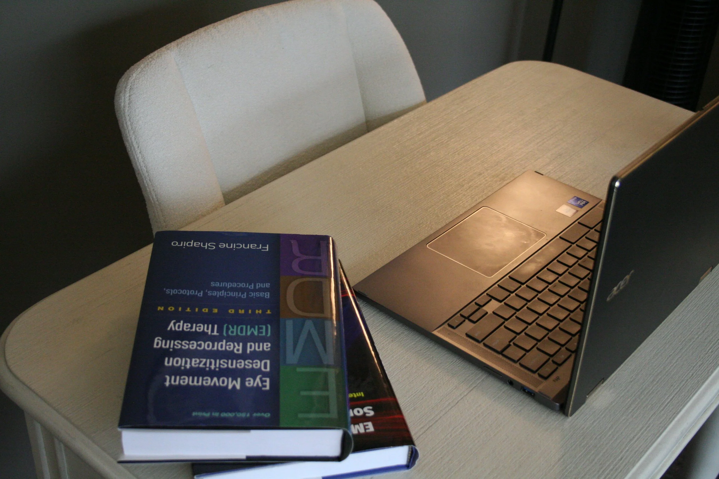 A beige upholstered office chair, a laptop with an open lid, a large book on disease prevention and vaccination, and a smaller book titled 'EPA Warming and Responsibility' on a white table.