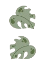 Two green tropical leaves with holes and tears on a gray background.