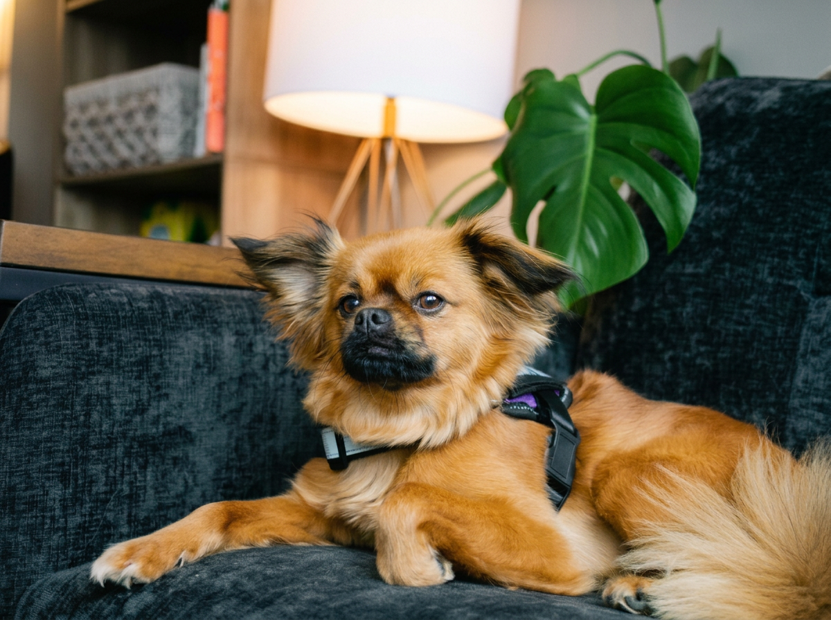 Small brown dog with fluffy ears lying on a dark sofa in a well-lit living room, with green plant and lamp in the background.