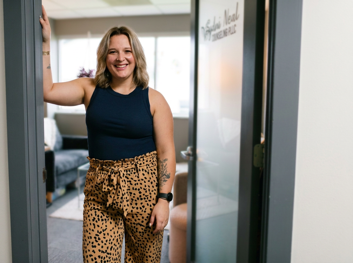 A woman with shoulder-length blonde hair smiling and standing in a doorway, wearing a navy tank top and animal print high-waisted pants.